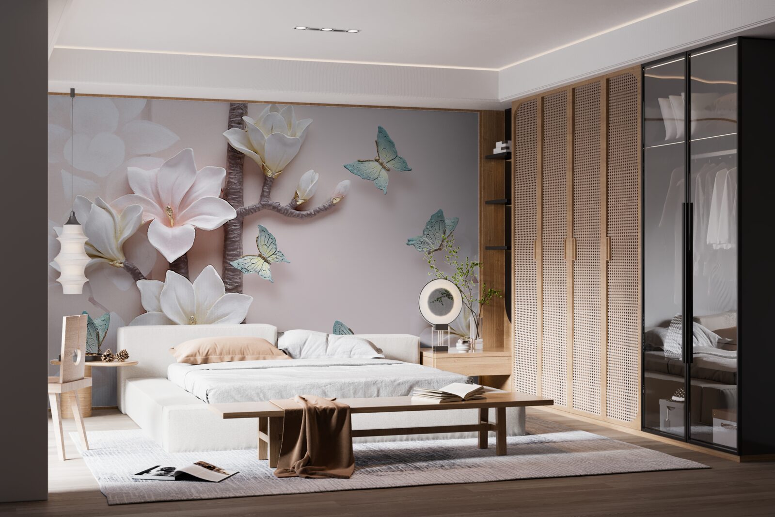 Fotobehang blauwe vlinders en witte bloemen