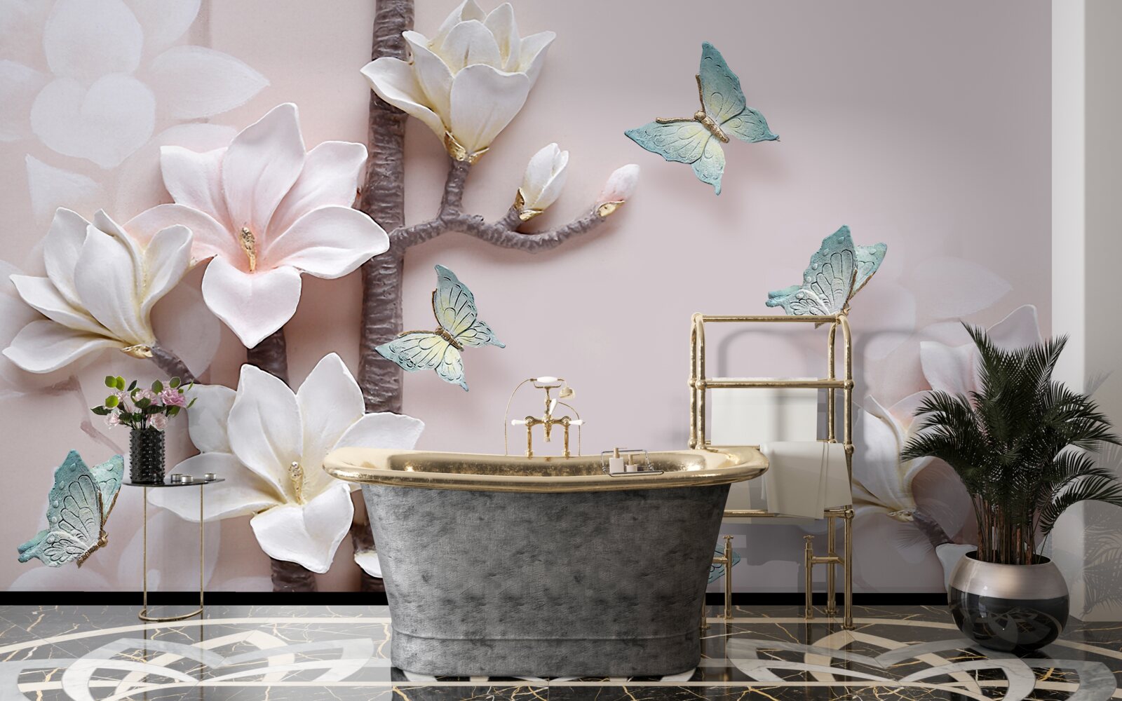 Fotobehang blauwe vlinders en witte bloemen