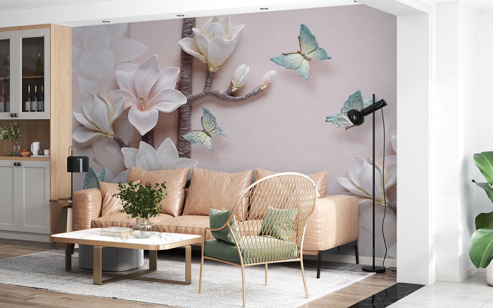 Fotobehang blauwe vlinders en witte bloemen