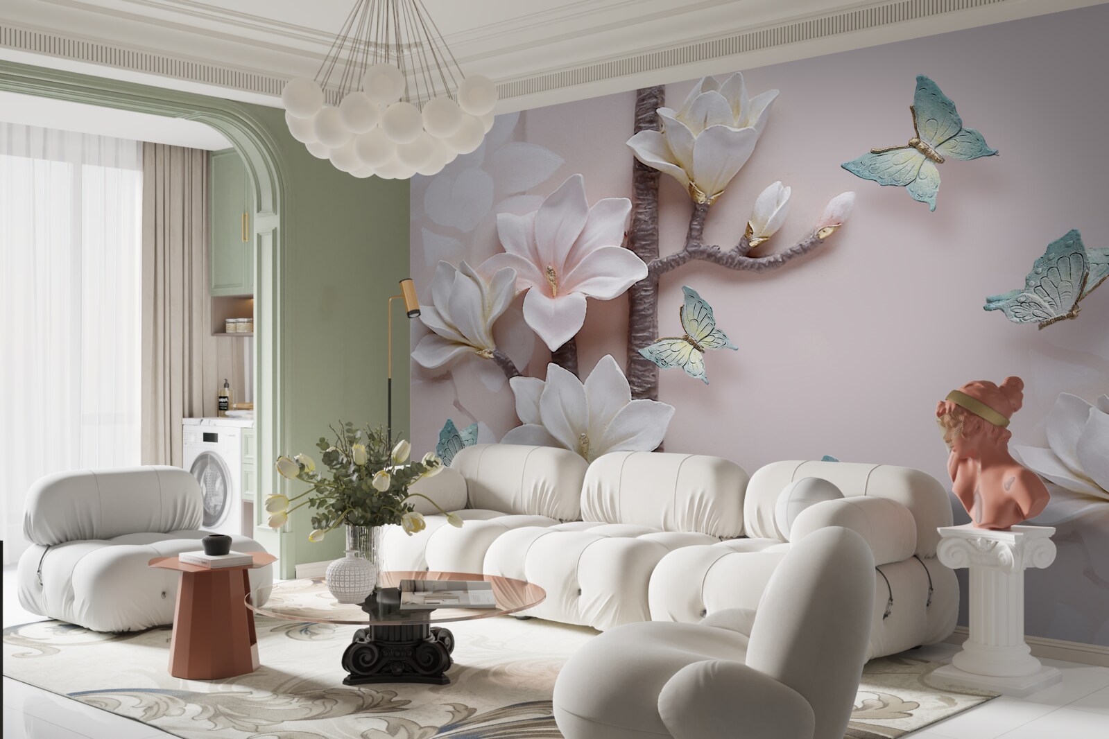 Fotobehang blauwe vlinders en witte bloemen