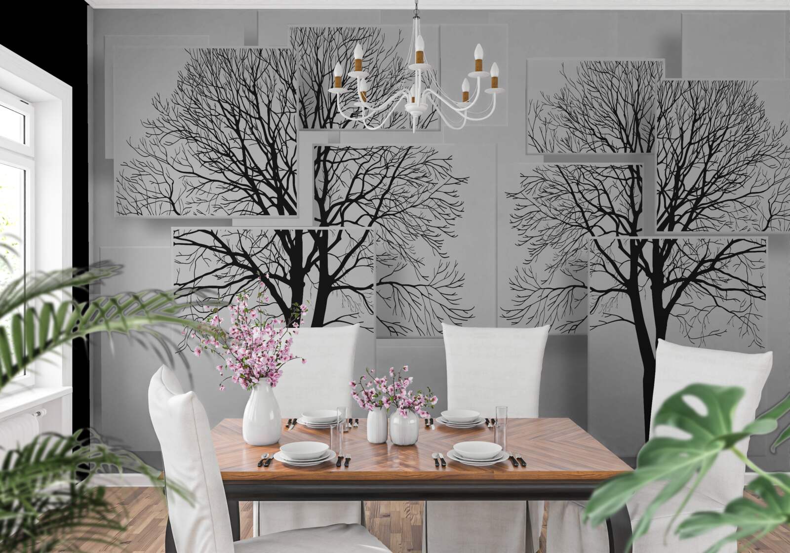 Fotobehang twee omgevallen bomen op een lichte achtergrond