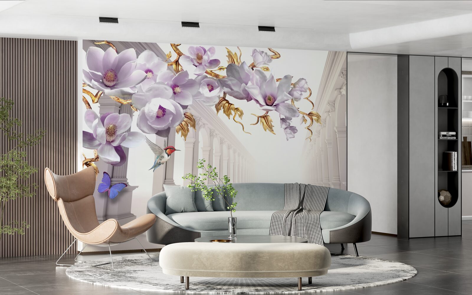 Fotobehang eindeloze tunnel versierd met felle bloemen en vlinders