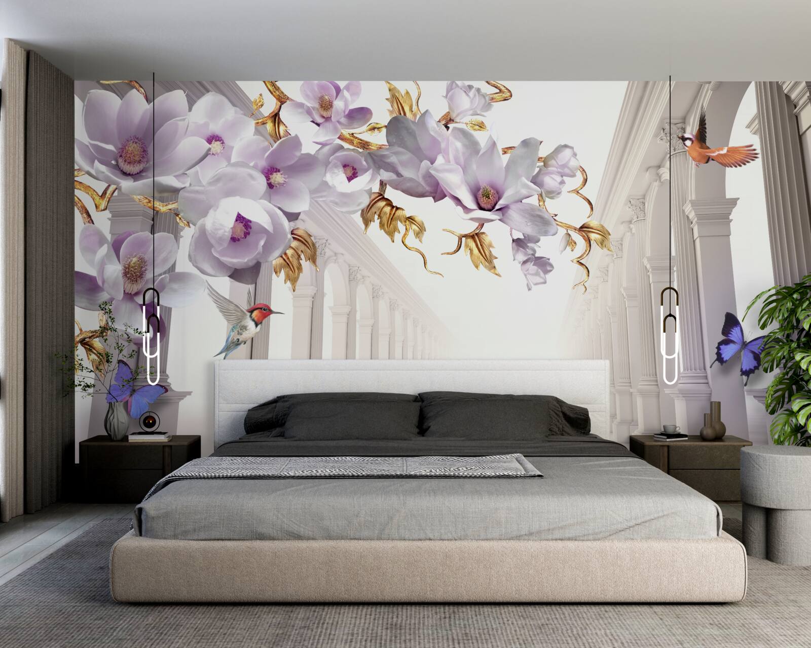 Fotobehang eindeloze tunnel versierd met felle bloemen en vlinders