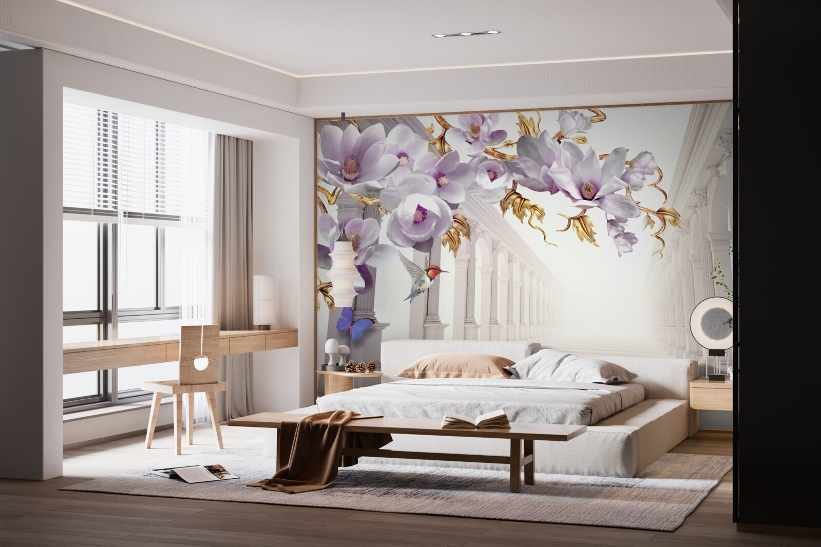 Fotobehang eindeloze tunnel versierd met felle bloemen en vlinders