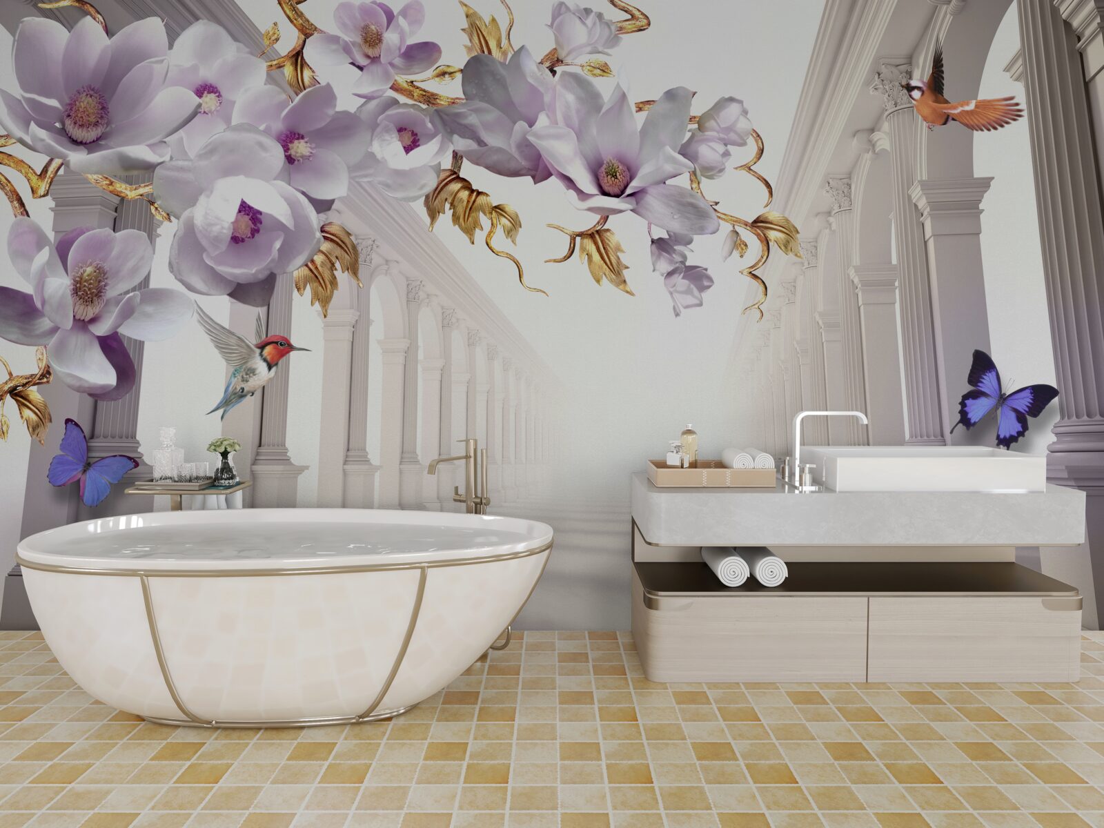 Fotobehang eindeloze tunnel versierd met felle bloemen en vlinders