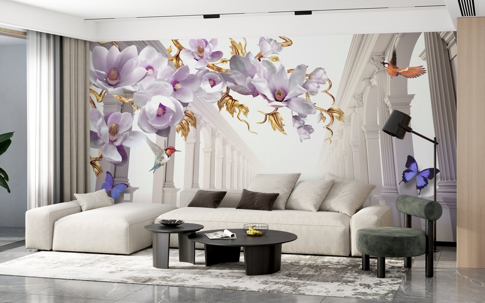 Fotobehang eindeloze tunnel versierd met felle bloemen en vlinders