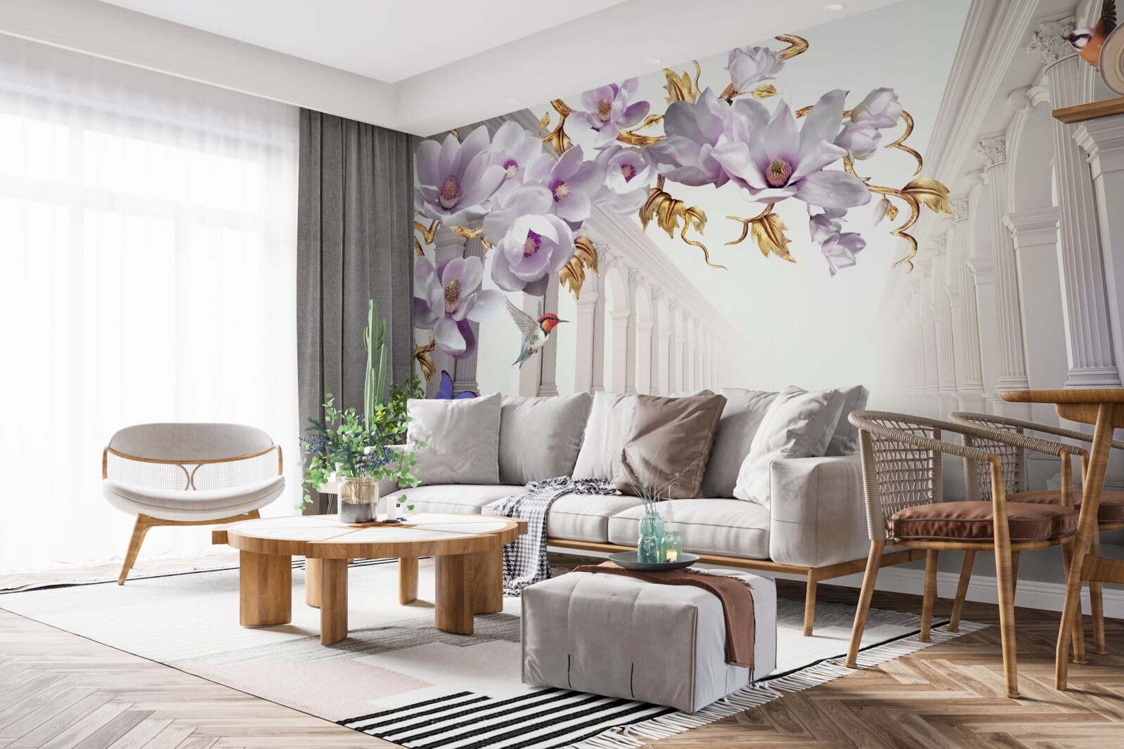 Fotobehang eindeloze tunnel versierd met felle bloemen en vlinders