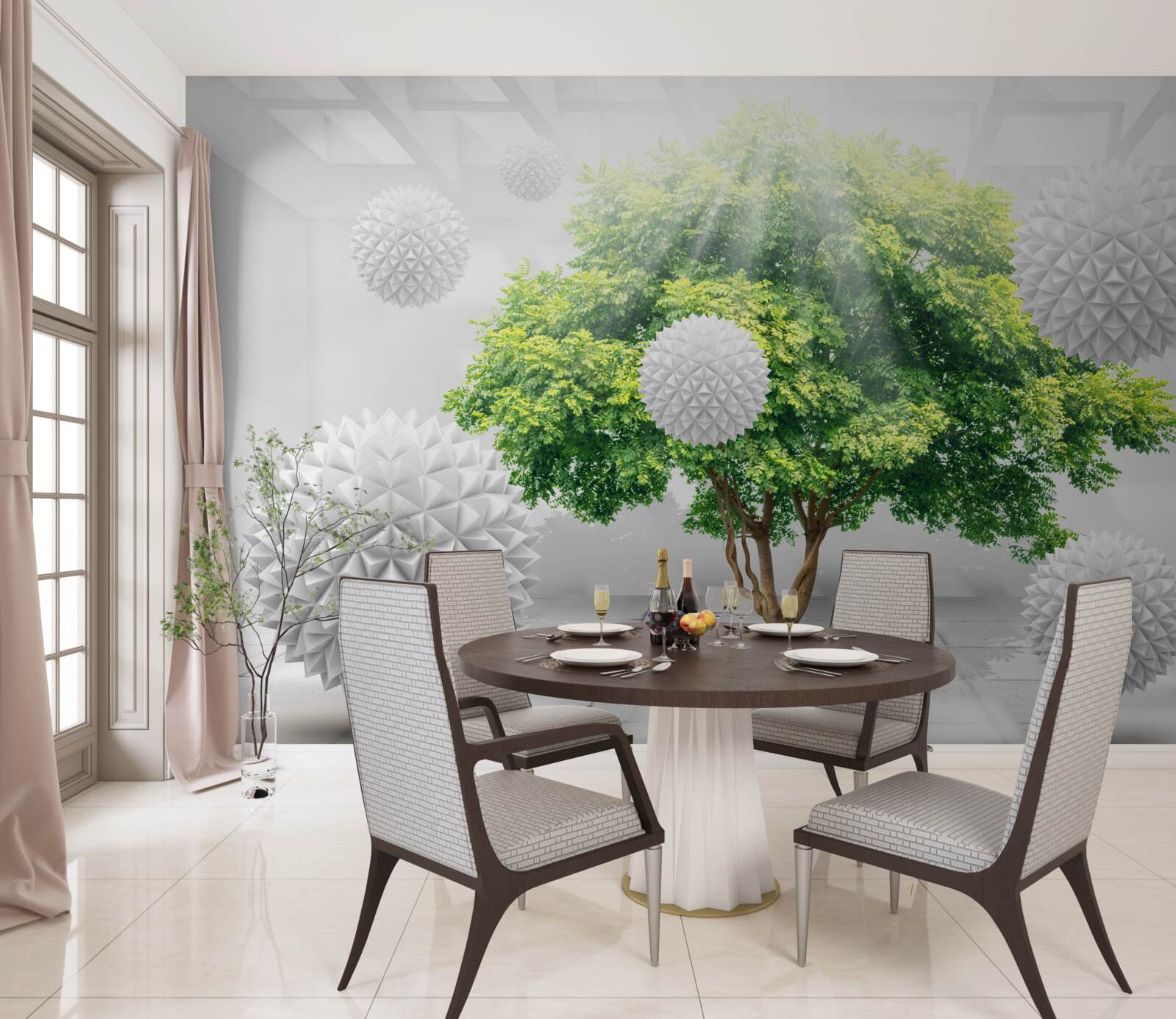 Fotobehang de zonnestralen verlichten de witte ballen, die contrasteren met het groen van de boom