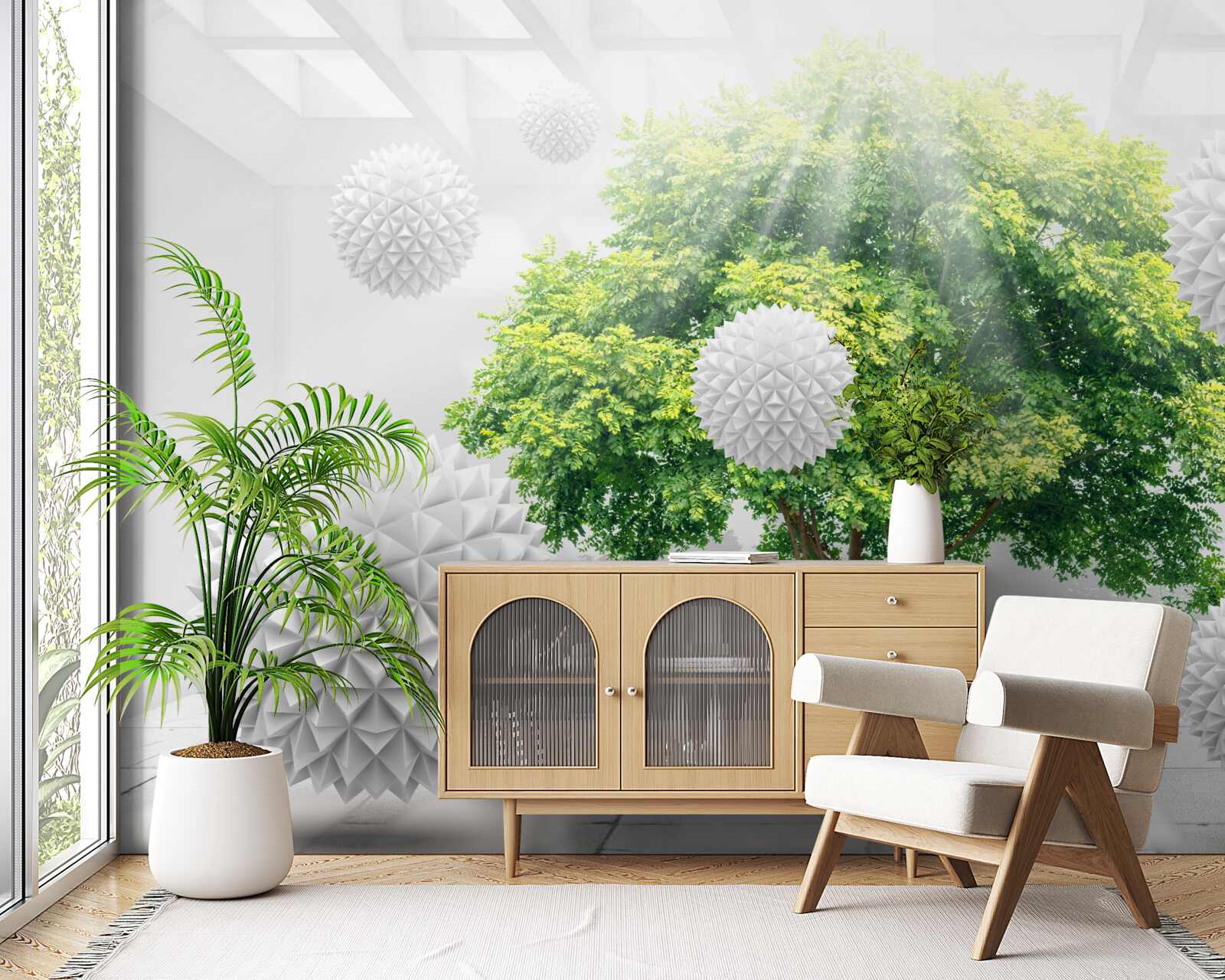 Fotobehang de zonnestralen verlichten de witte ballen, die contrasteren met het groen van de boom