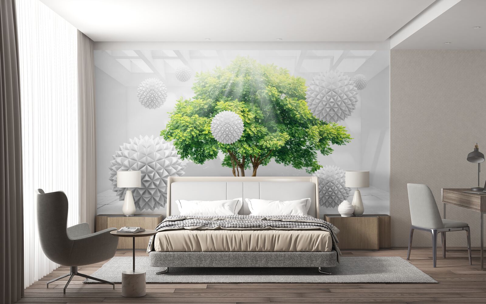 Fotobehang de zonnestralen verlichten de witte ballen, die contrasteren met het groen van de boom