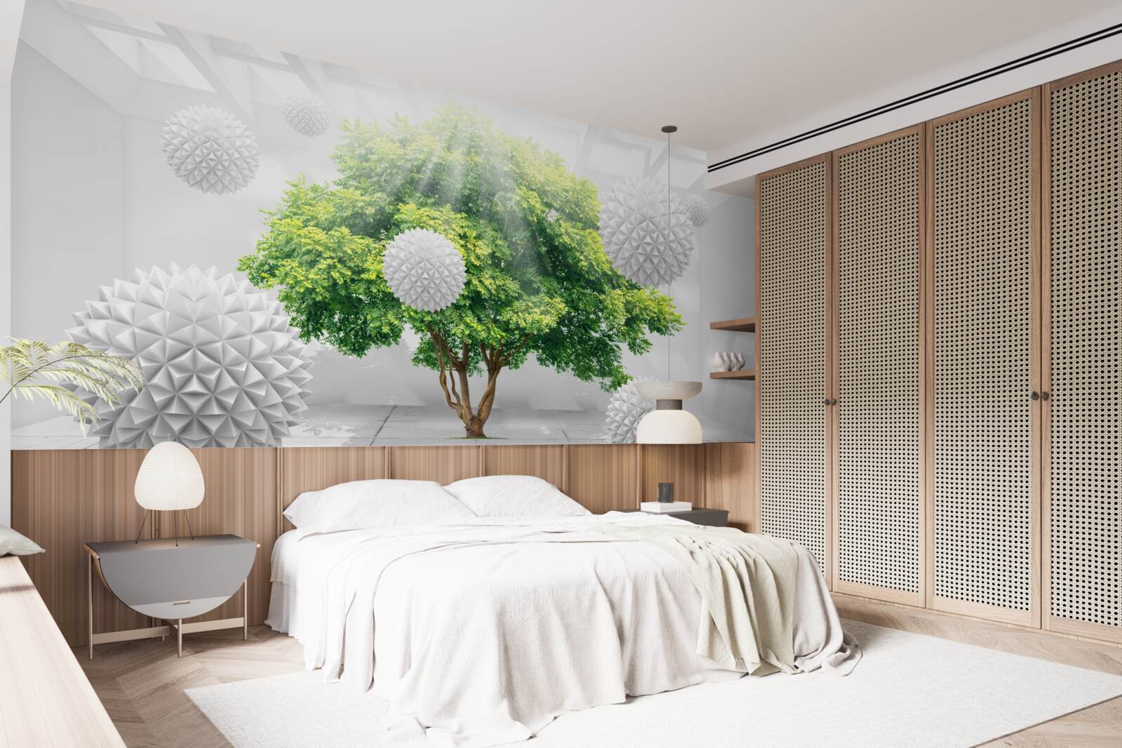 Fotobehang de zonnestralen verlichten de witte ballen, die contrasteren met het groen van de boom