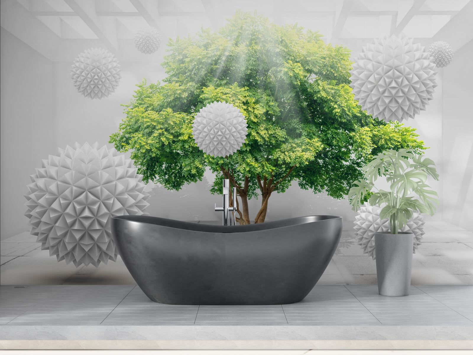 Fotobehang de zonnestralen verlichten de witte ballen, die contrasteren met het groen van de boom