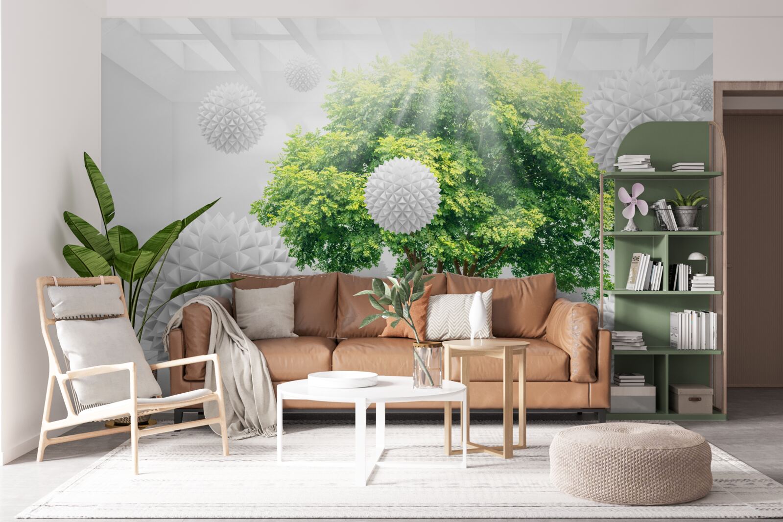 Fotobehang de zonnestralen verlichten de witte ballen, die contrasteren met het groen van de boom