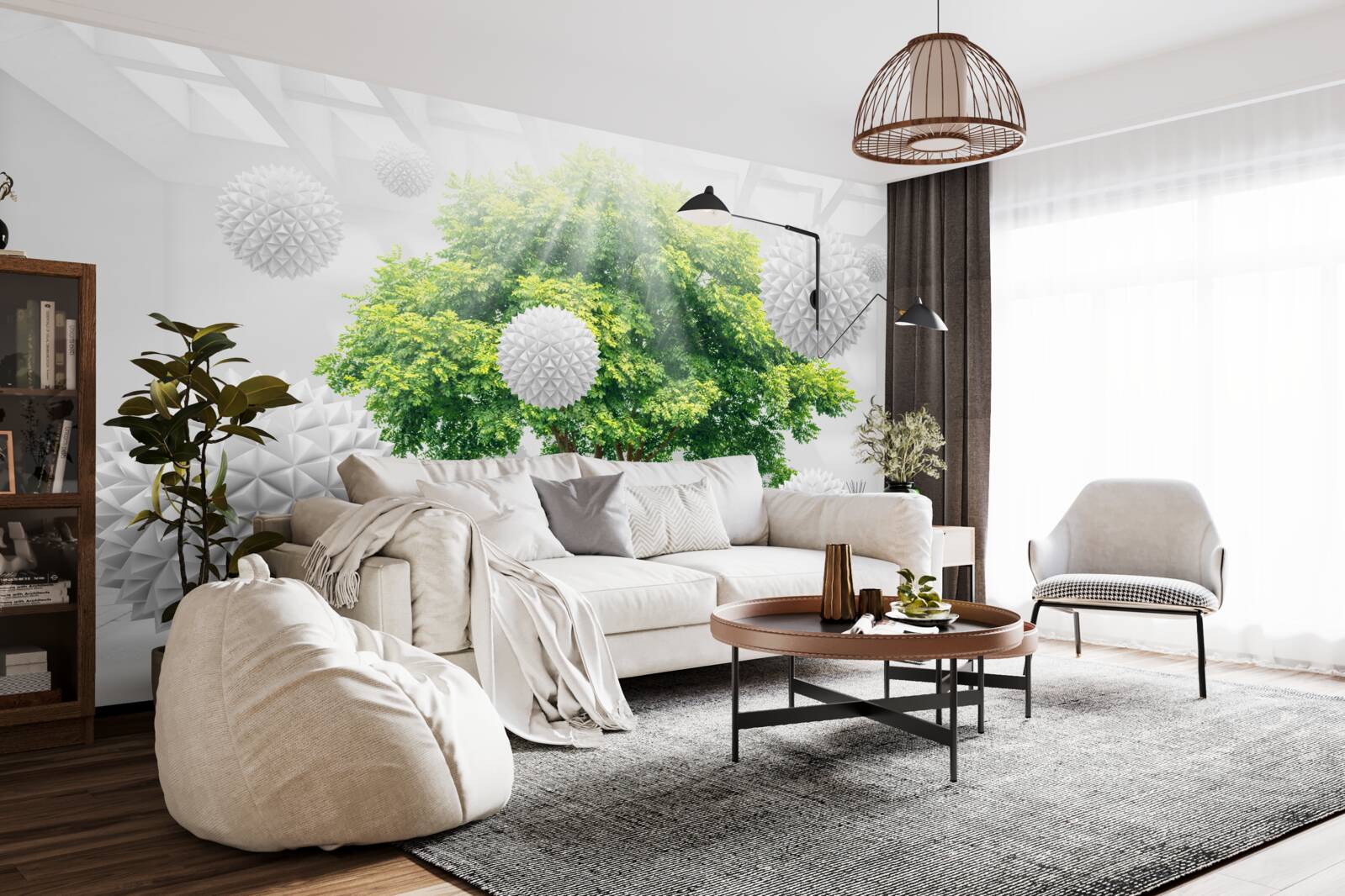 Fotobehang de zonnestralen verlichten de witte ballen, die contrasteren met het groen van de boom