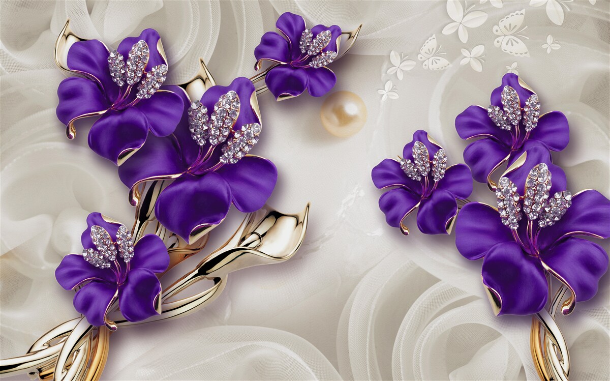 Fotobehang lelietakken in blauw met pareldecoraties