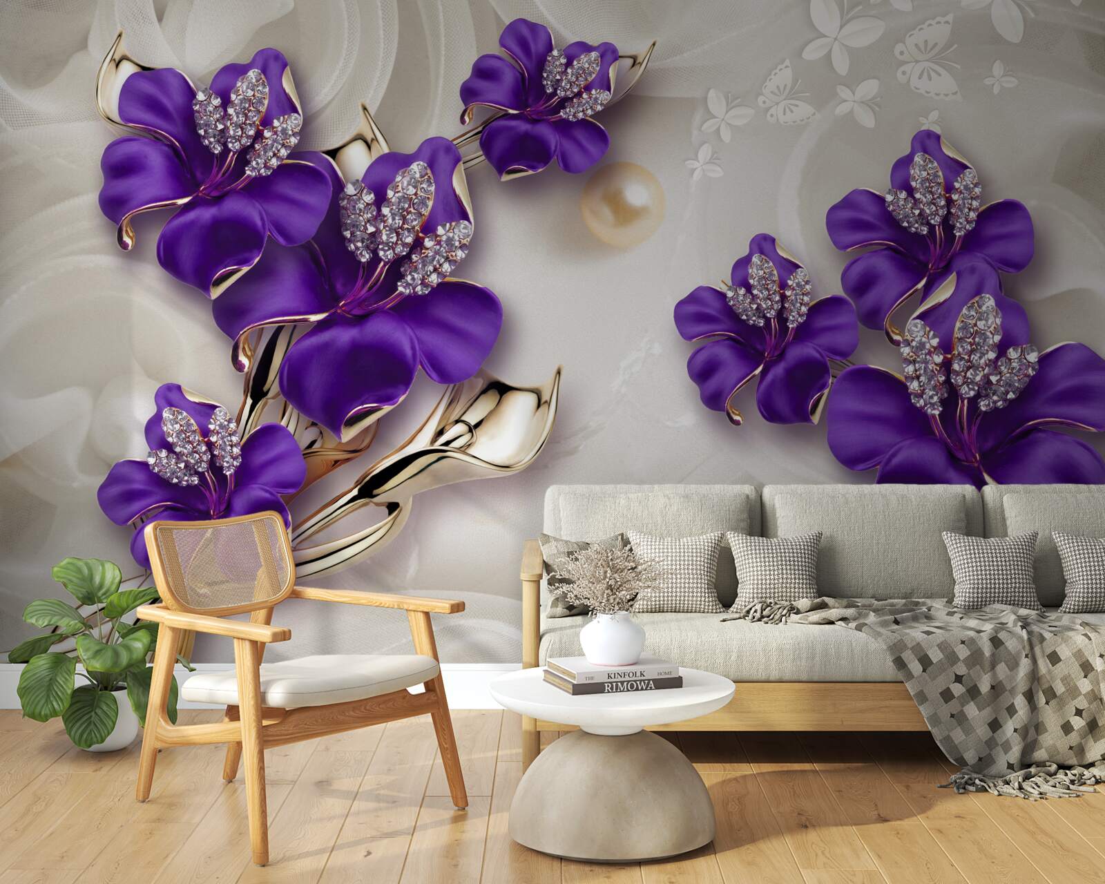 Fotobehang lelietakken in blauw met pareldecoraties