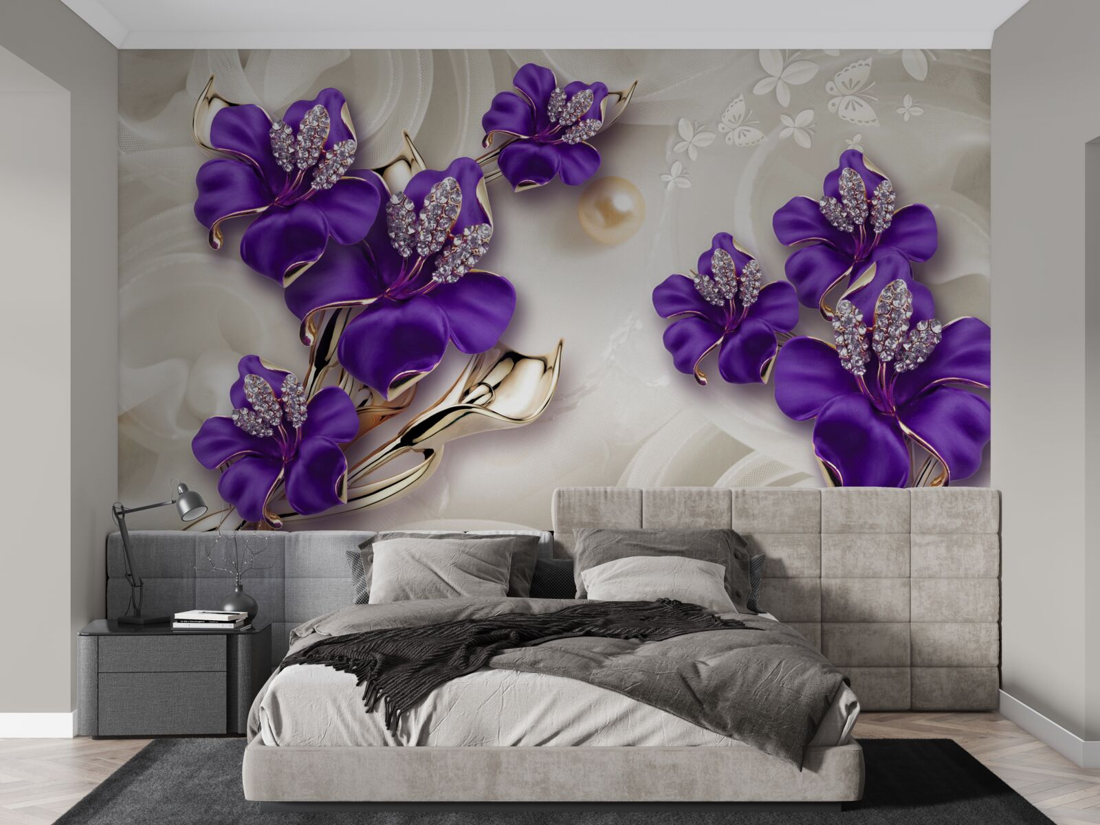 Fotobehang lelietakken in blauw met pareldecoraties