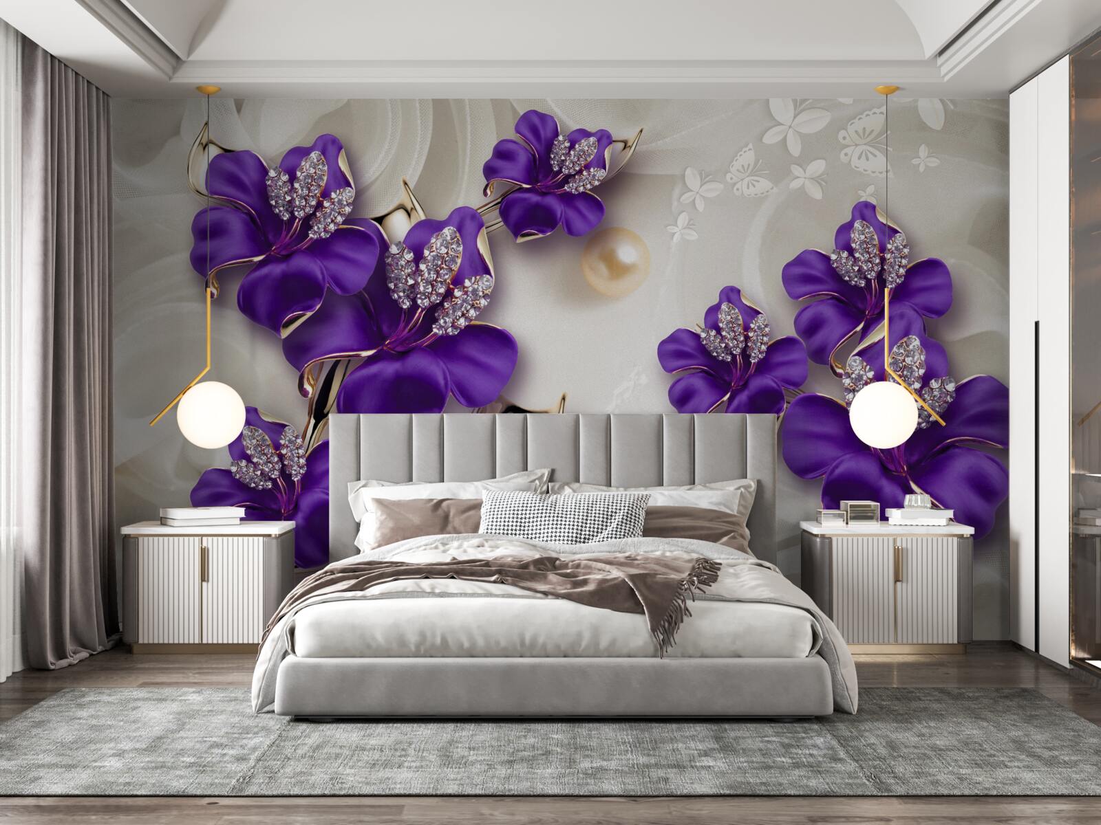 Fotobehang lelietakken in blauw met pareldecoraties