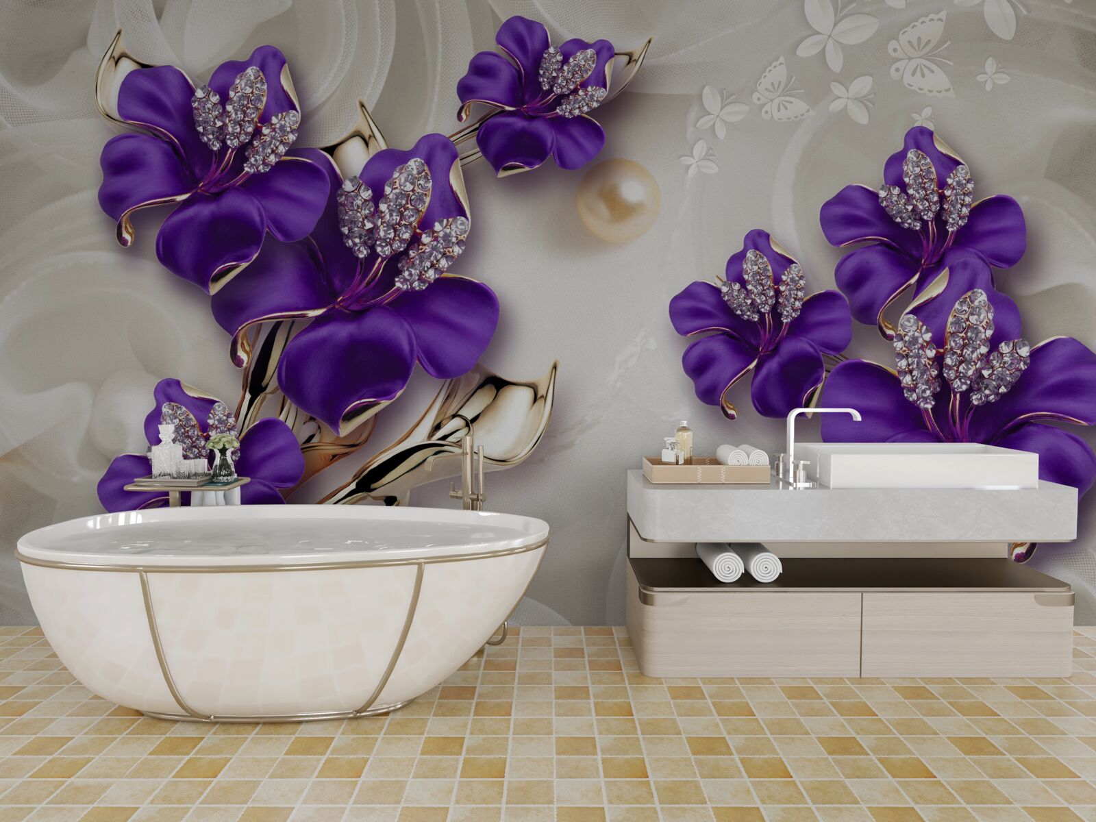 Fotobehang lelietakken in blauw met pareldecoraties