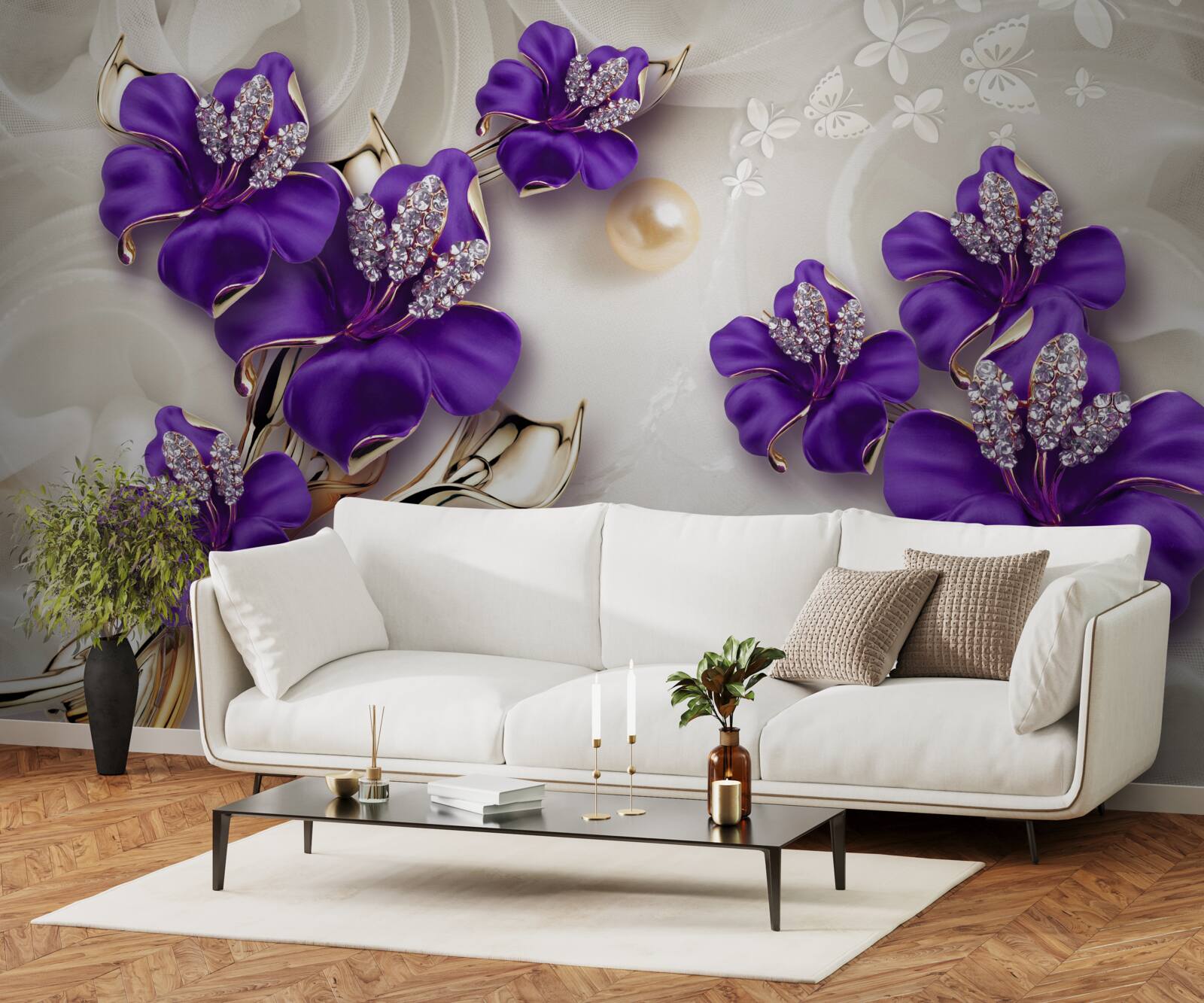 Fotobehang lelietakken in blauw met pareldecoraties