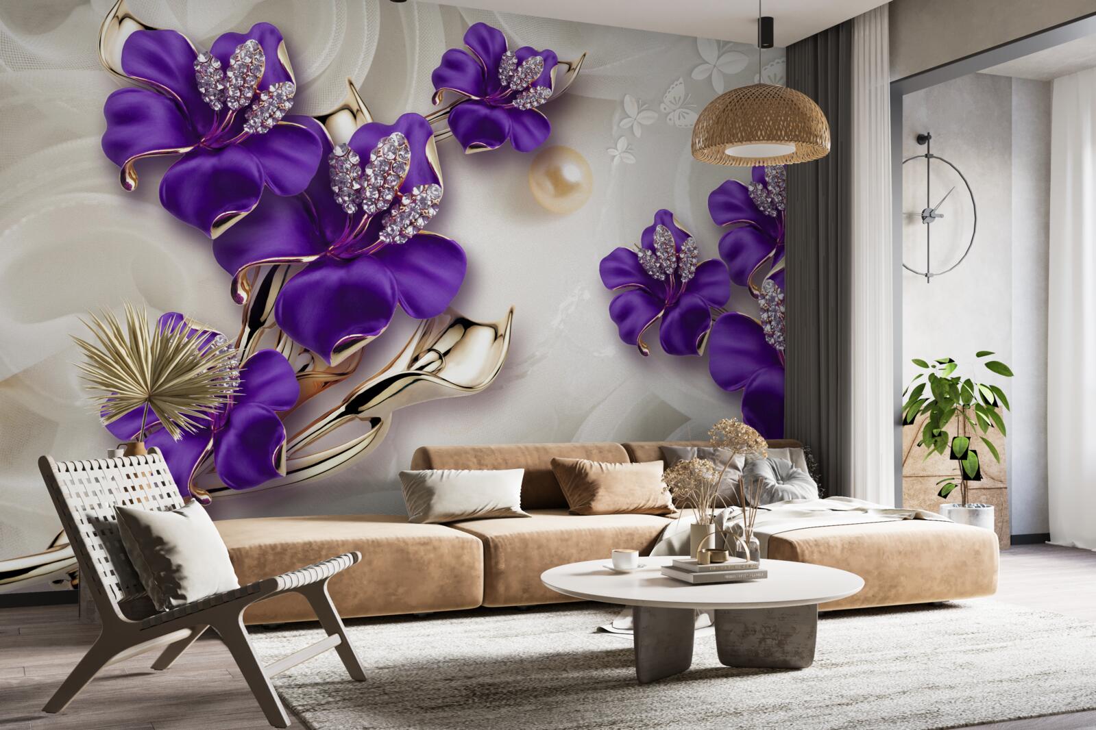 Fotobehang lelietakken in blauw met pareldecoraties