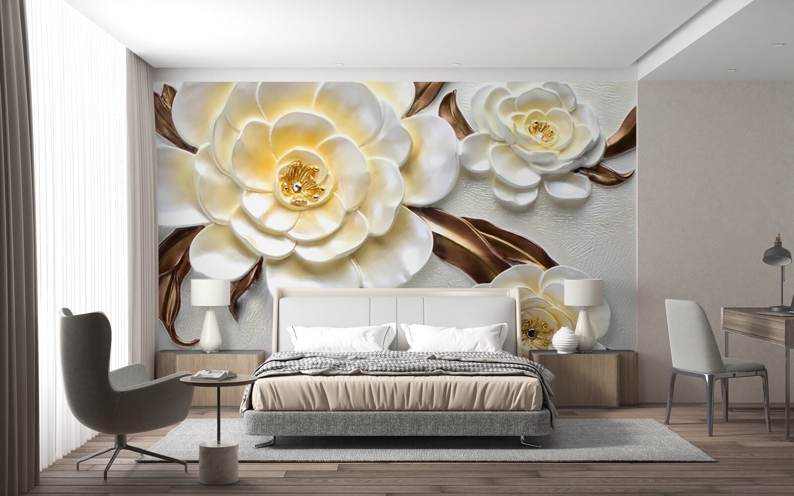 Fotobehang magnolia's met witte knoppen