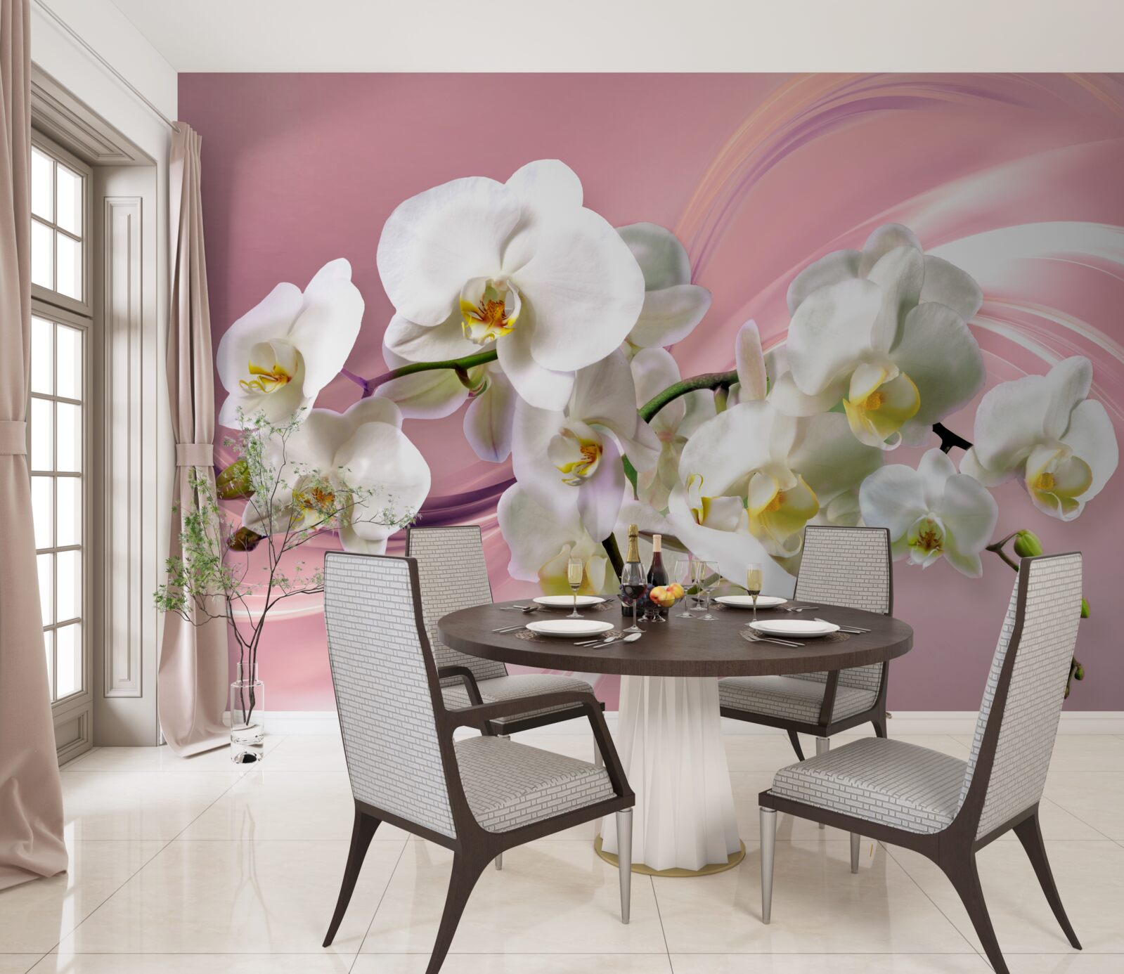 Fotobehang grote witte orchideeën op een roze achtergrond