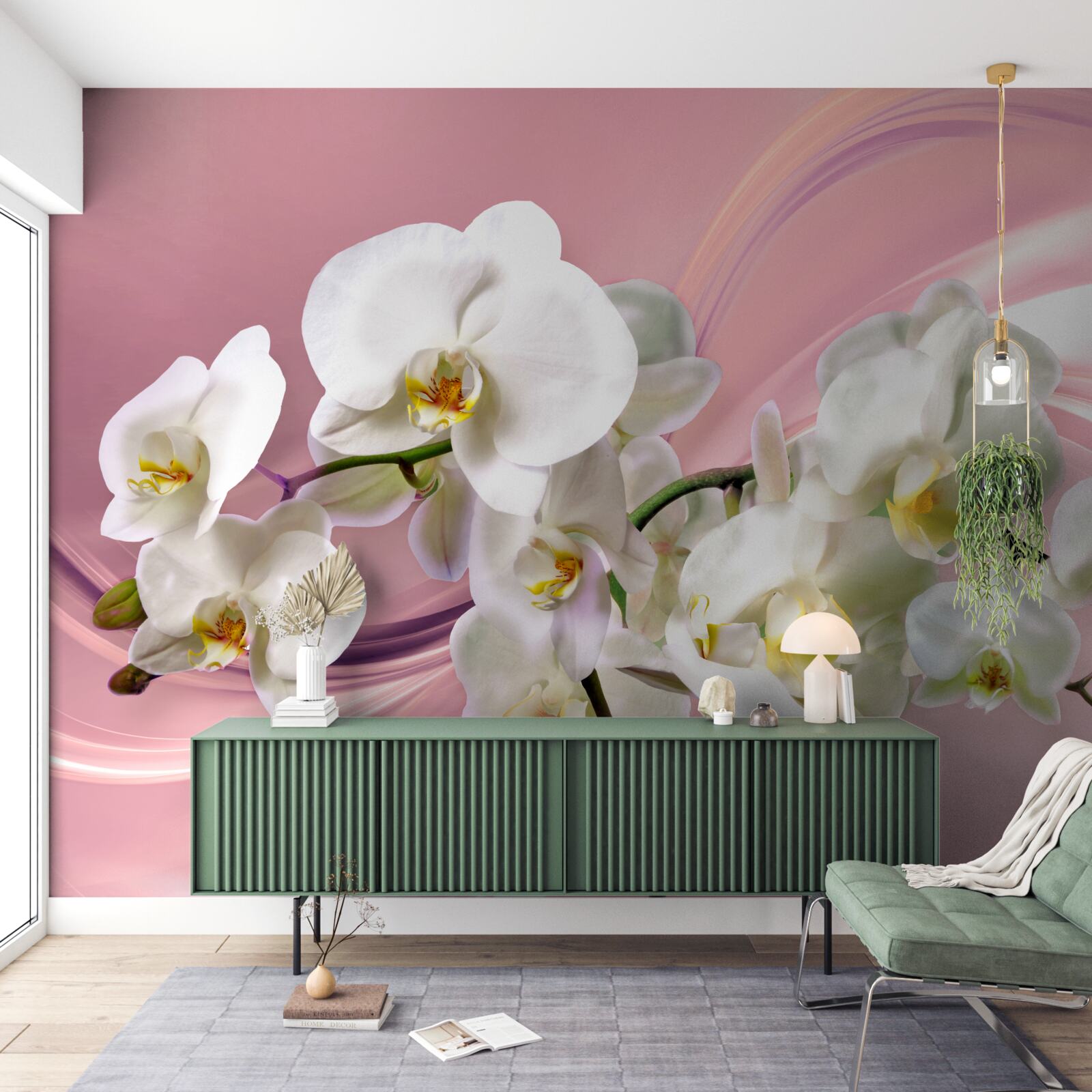 Fotobehang grote witte orchideeën op een roze achtergrond