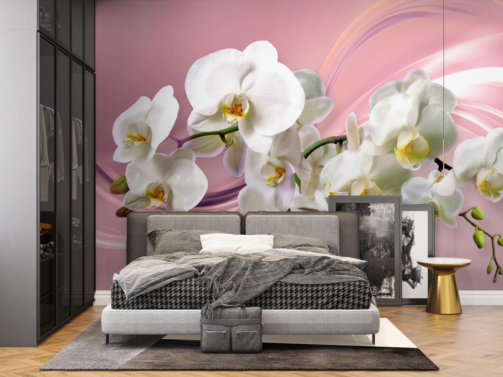 Fotobehang grote witte orchideeën op een roze achtergrond