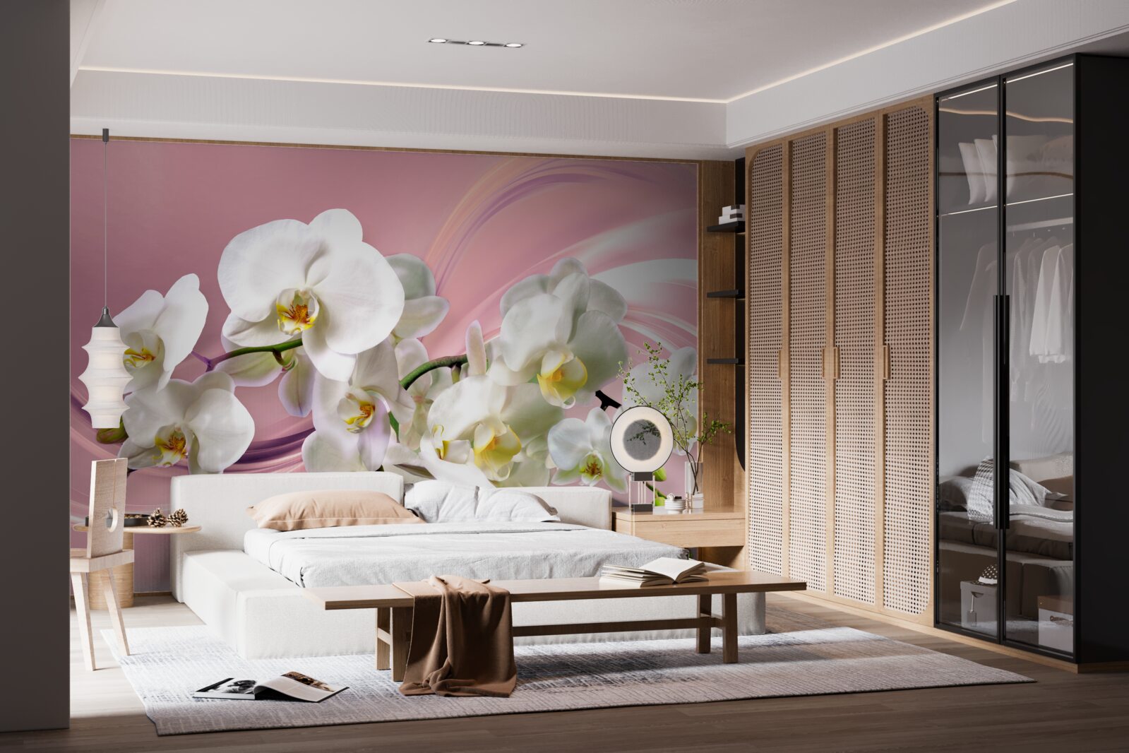 Fotobehang grote witte orchideeën op een roze achtergrond