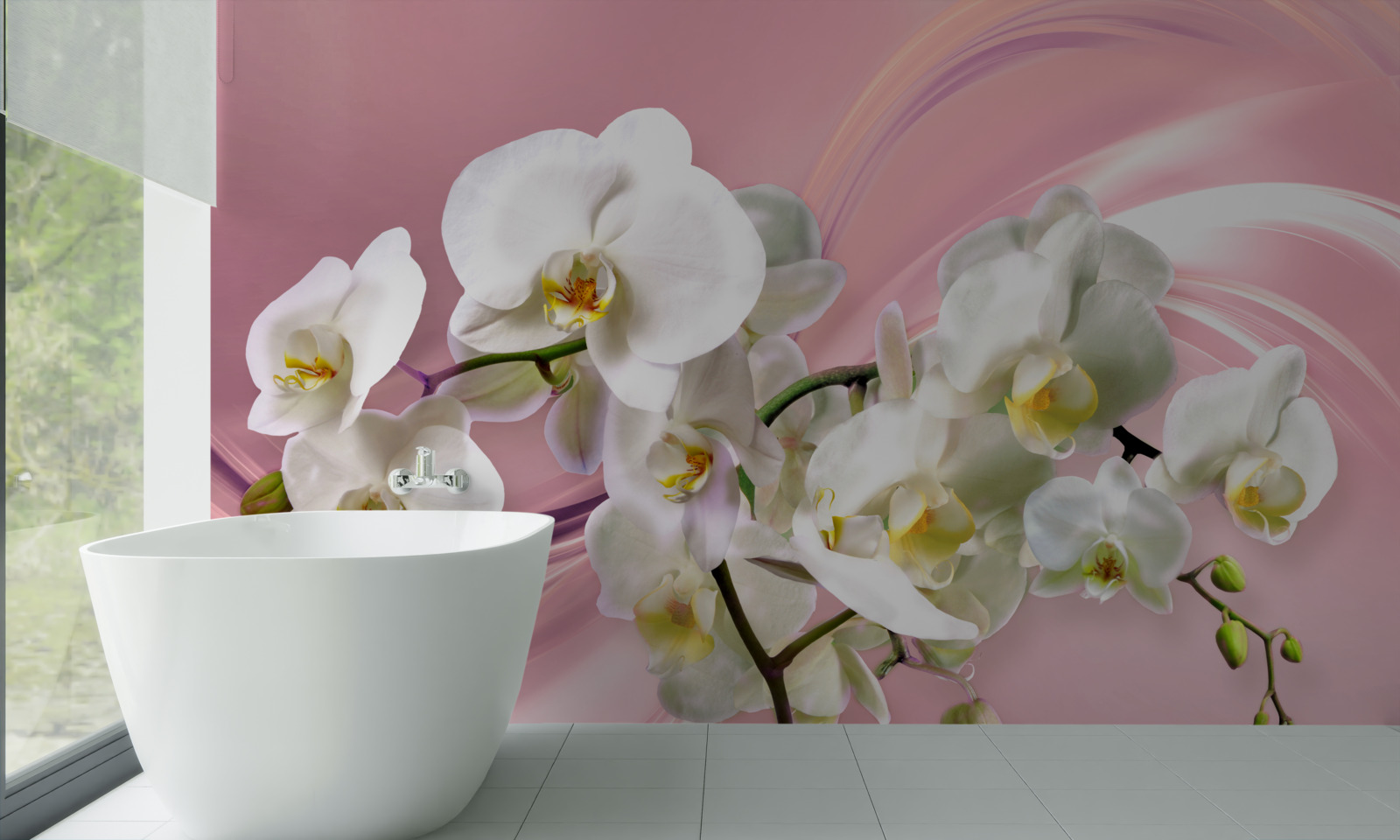 Fotobehang grote witte orchideeën op een roze achtergrond