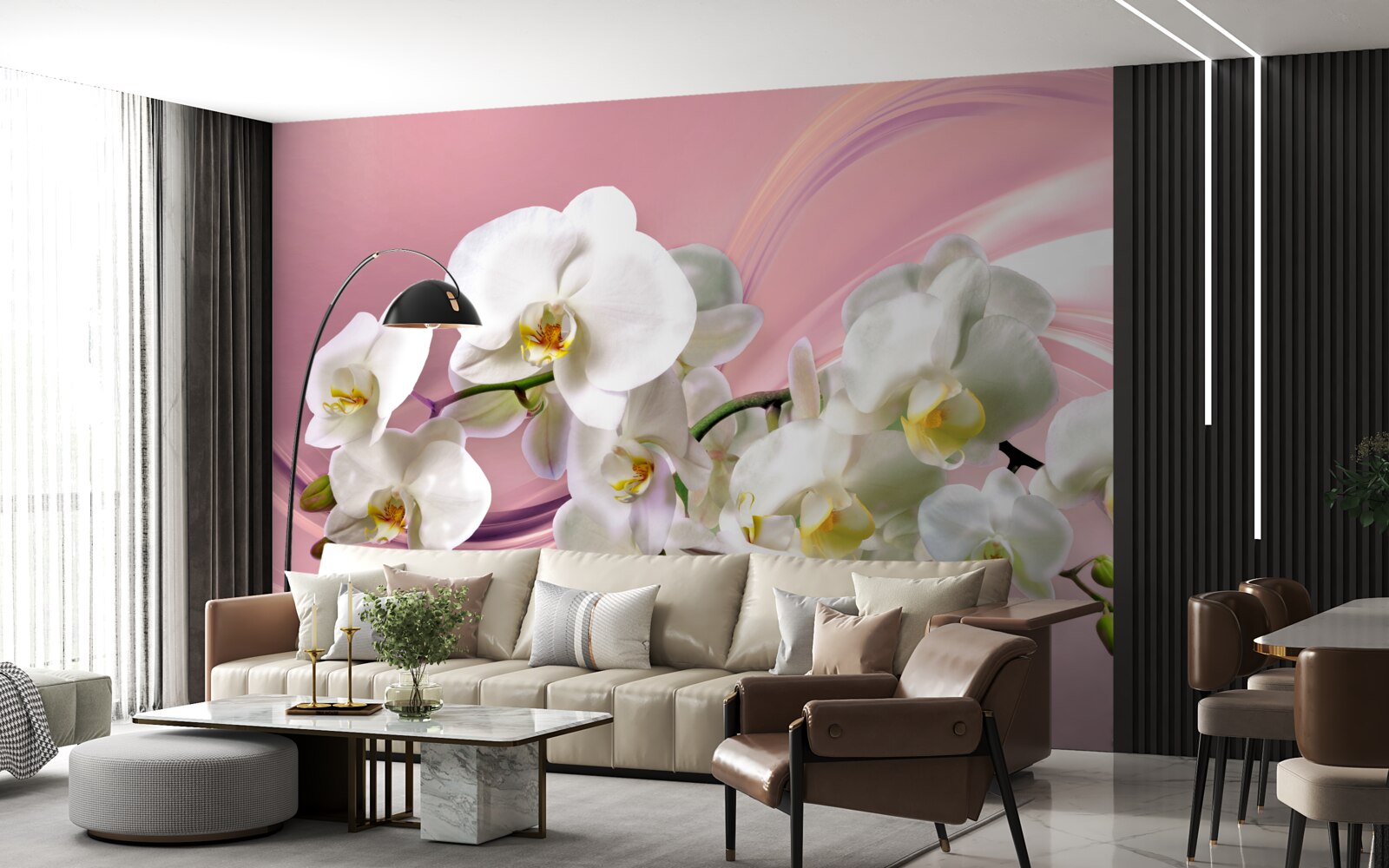 Fotobehang grote witte orchideeën op een roze achtergrond