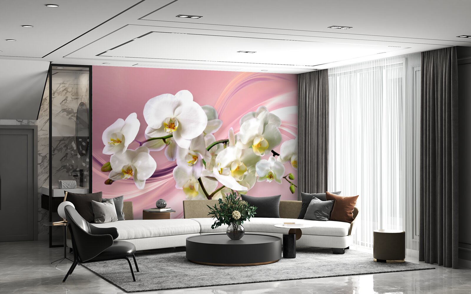 Fotobehang grote witte orchideeën op een roze achtergrond