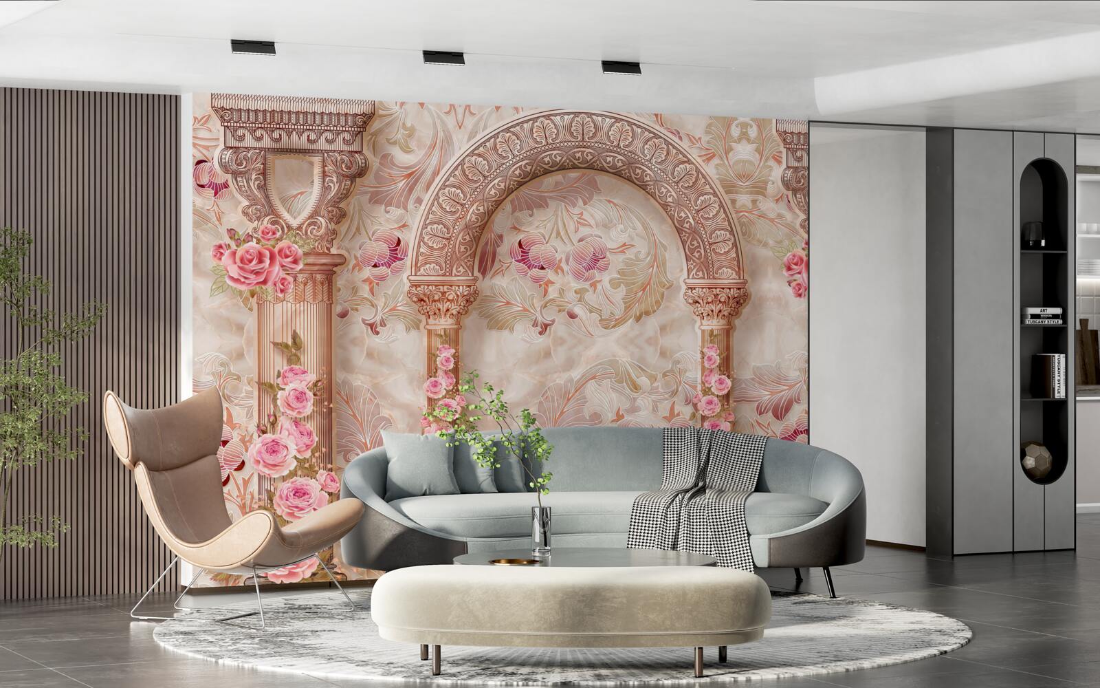 Fotobehang Boog versierd met roze bloemen