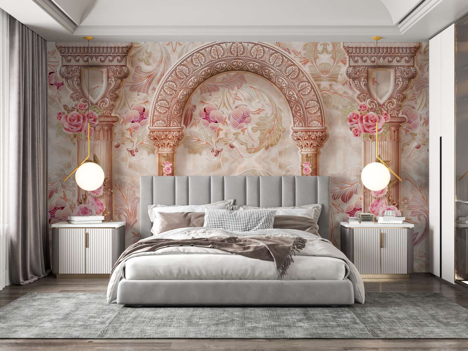 Fotobehang Boog versierd met roze bloemen