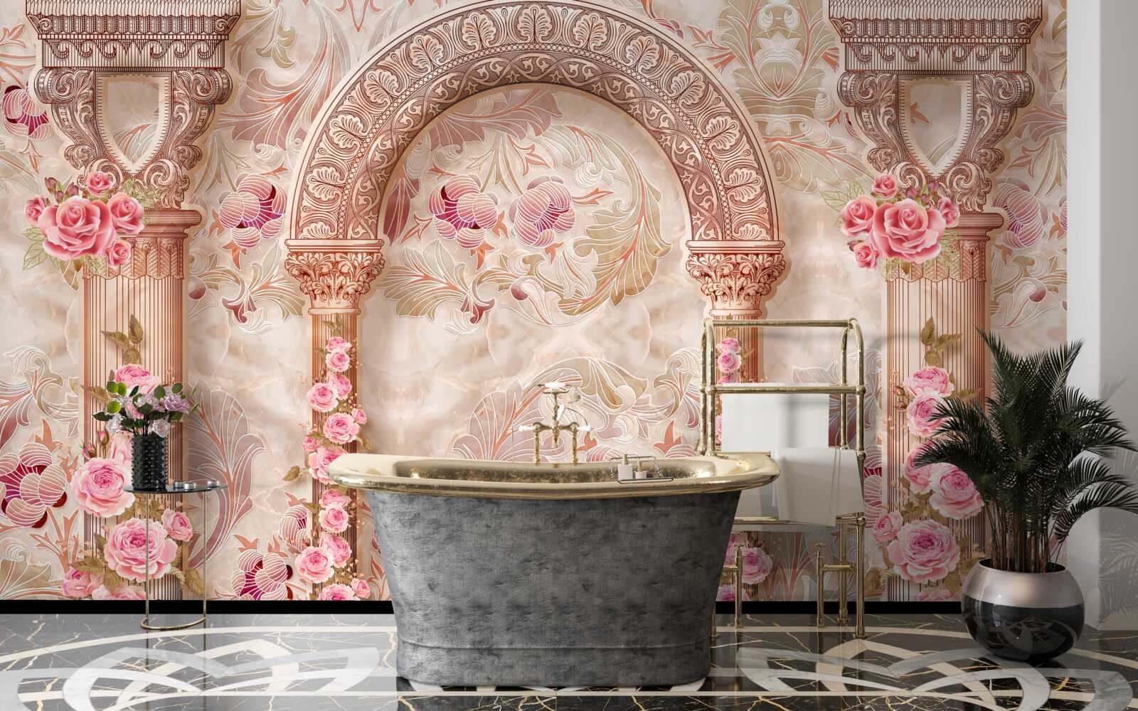 Fotobehang Boog versierd met roze bloemen