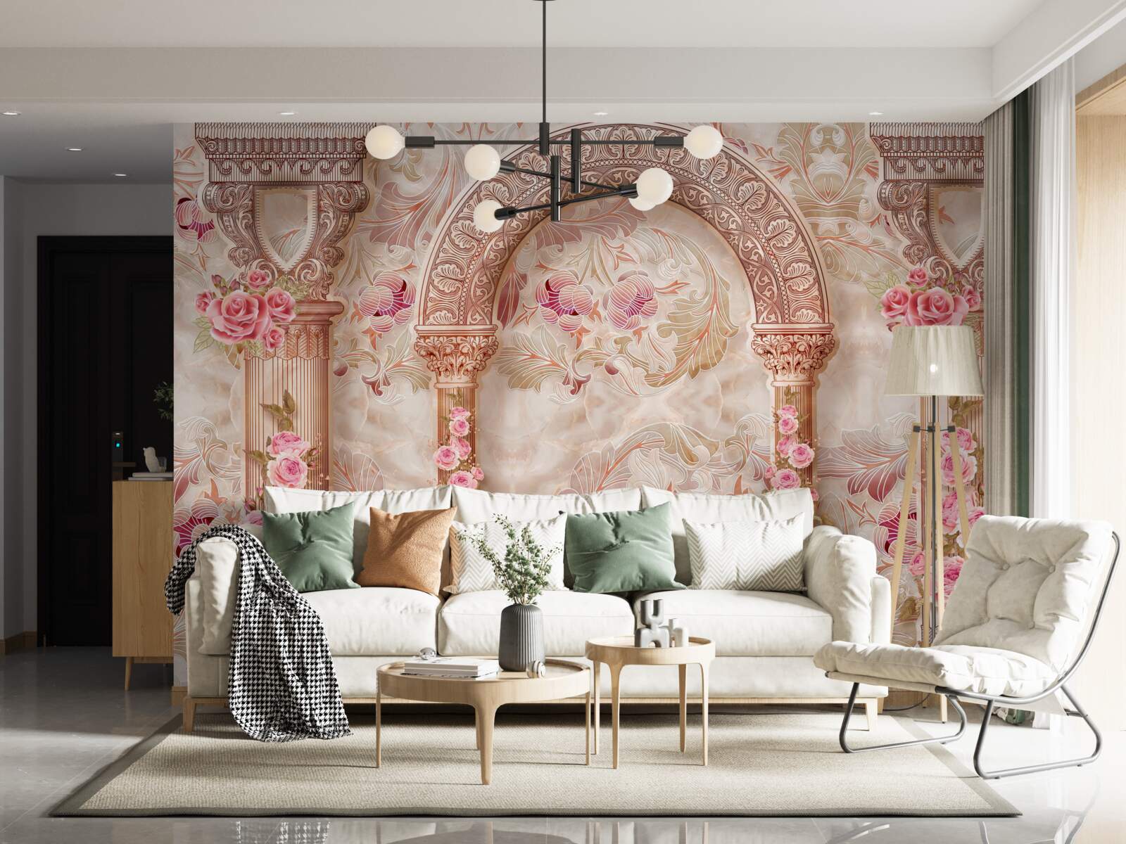 Fotobehang Boog versierd met roze bloemen