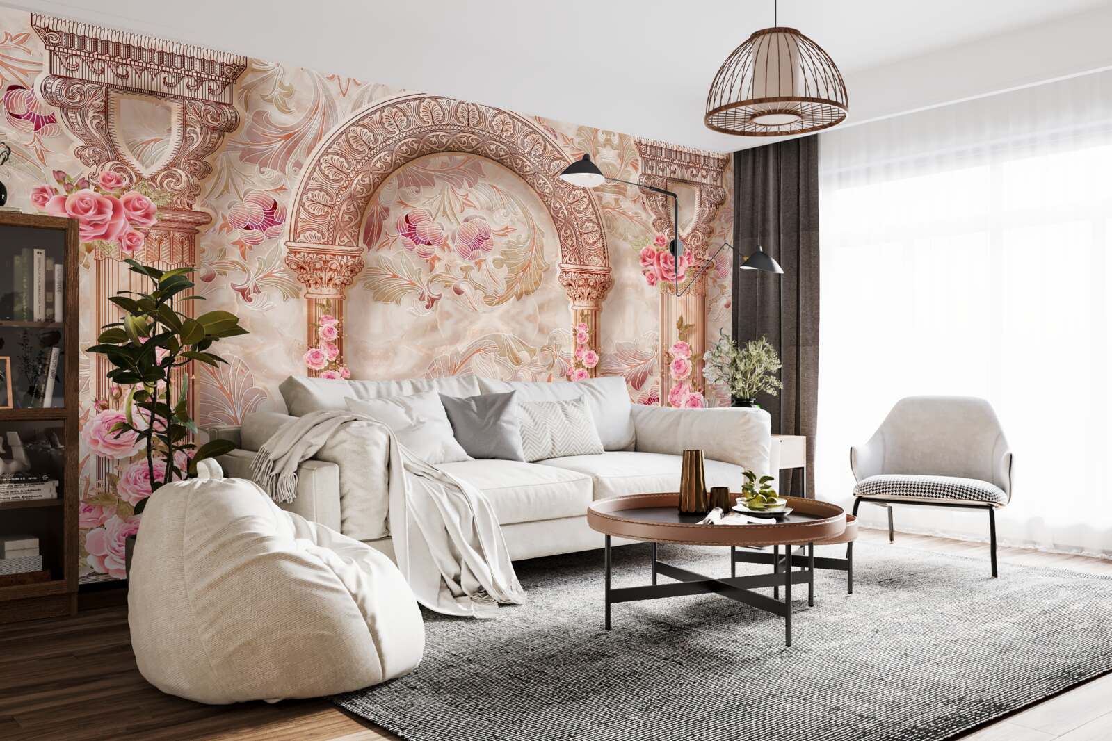 Fotobehang Boog versierd met roze bloemen