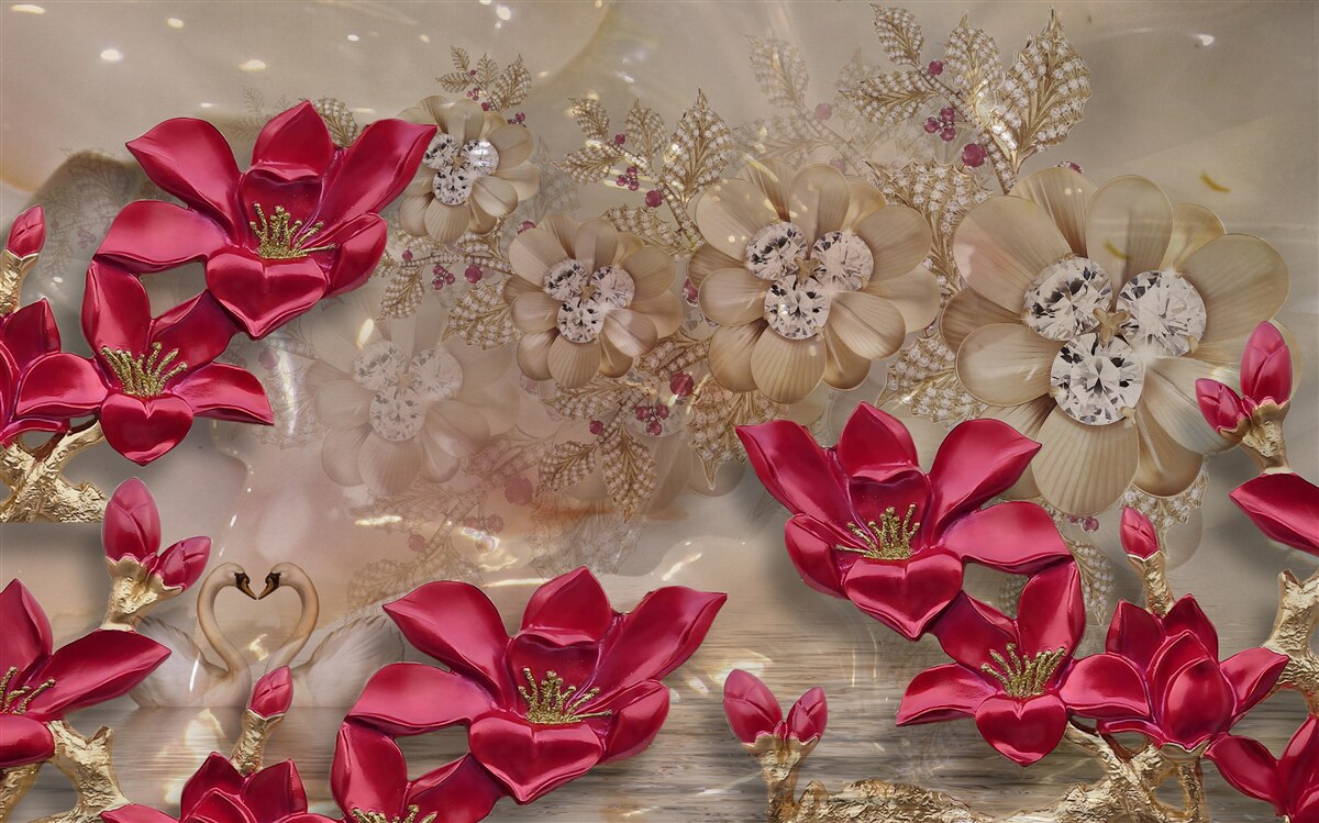 Fotobehang rode takken zijn versierd met goud en parels