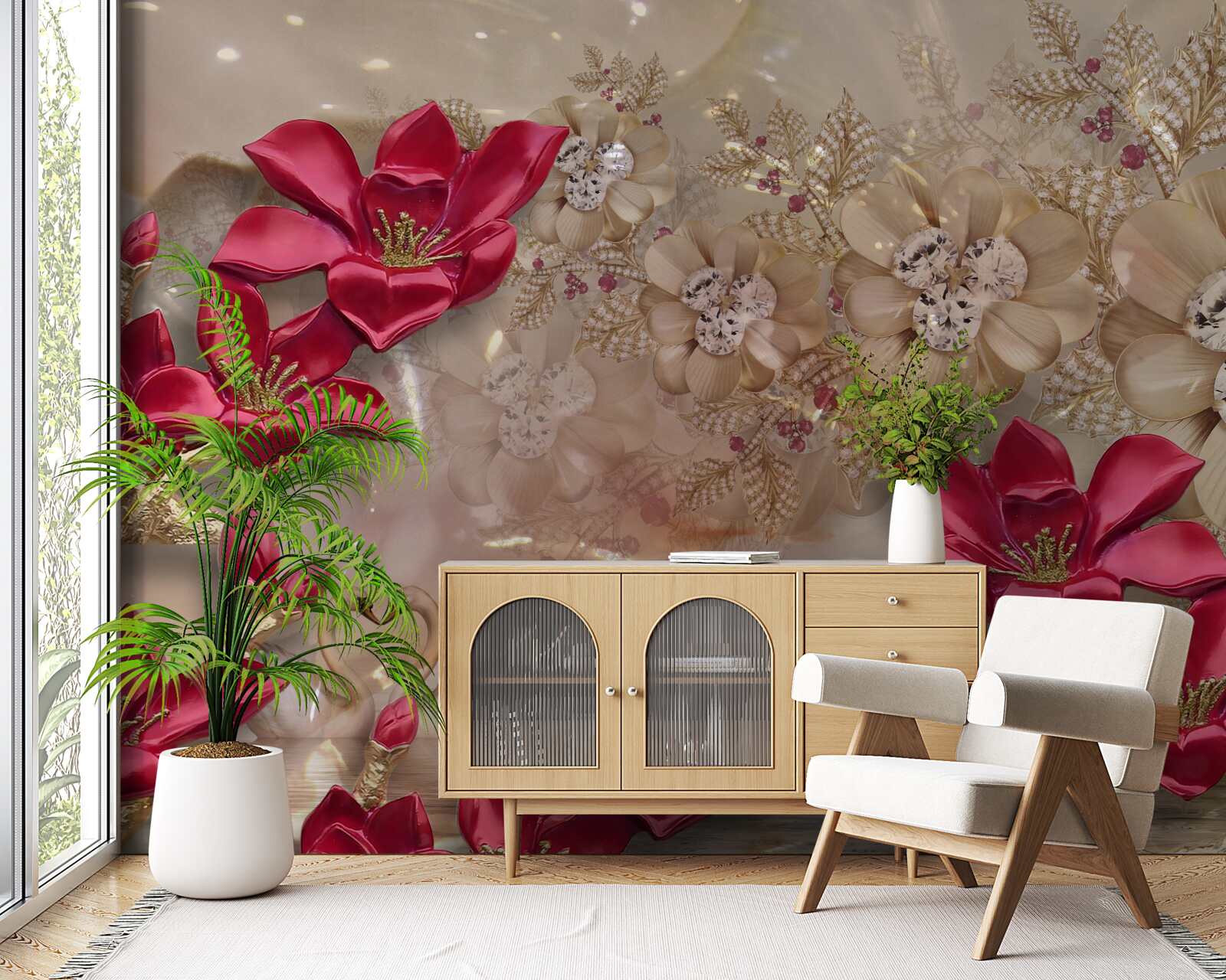 Fotobehang rode takken zijn versierd met goud en parels