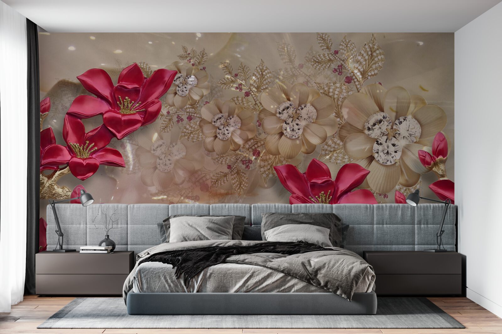 Fotobehang rode takken zijn versierd met goud en parels