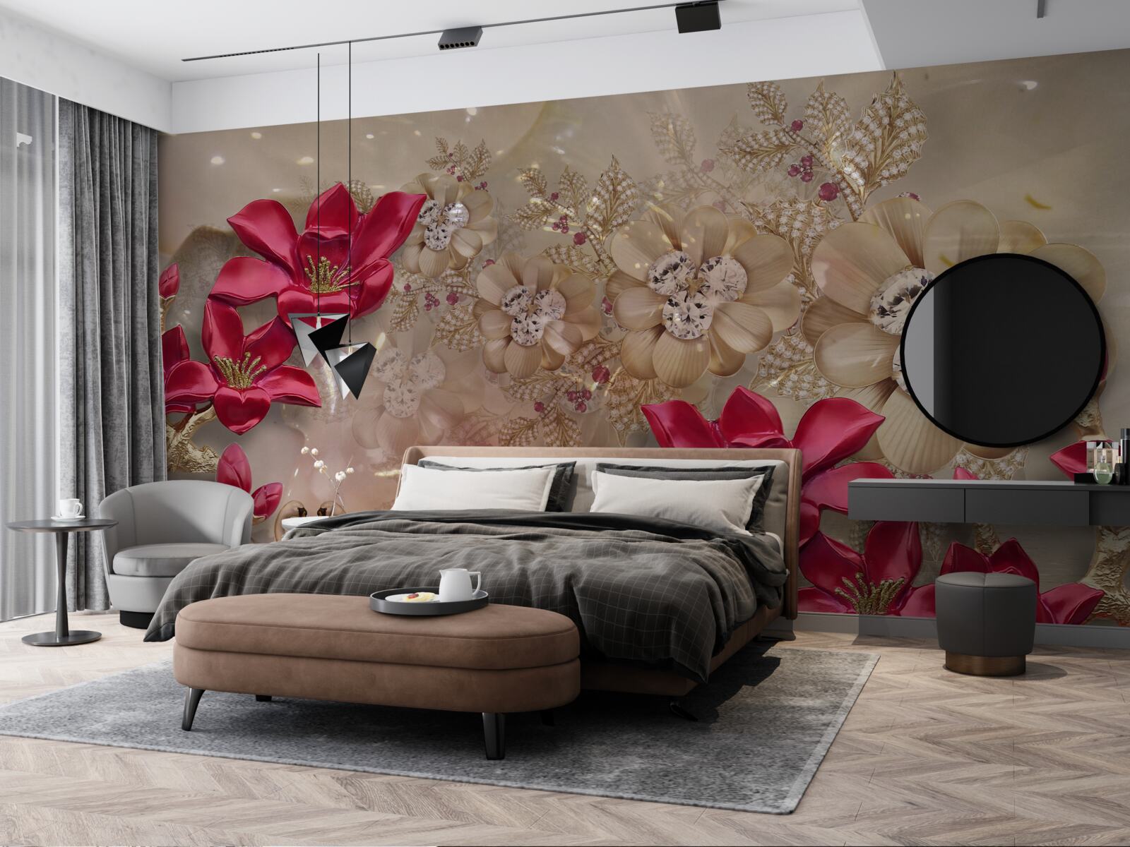 Fotobehang rode takken zijn versierd met goud en parels