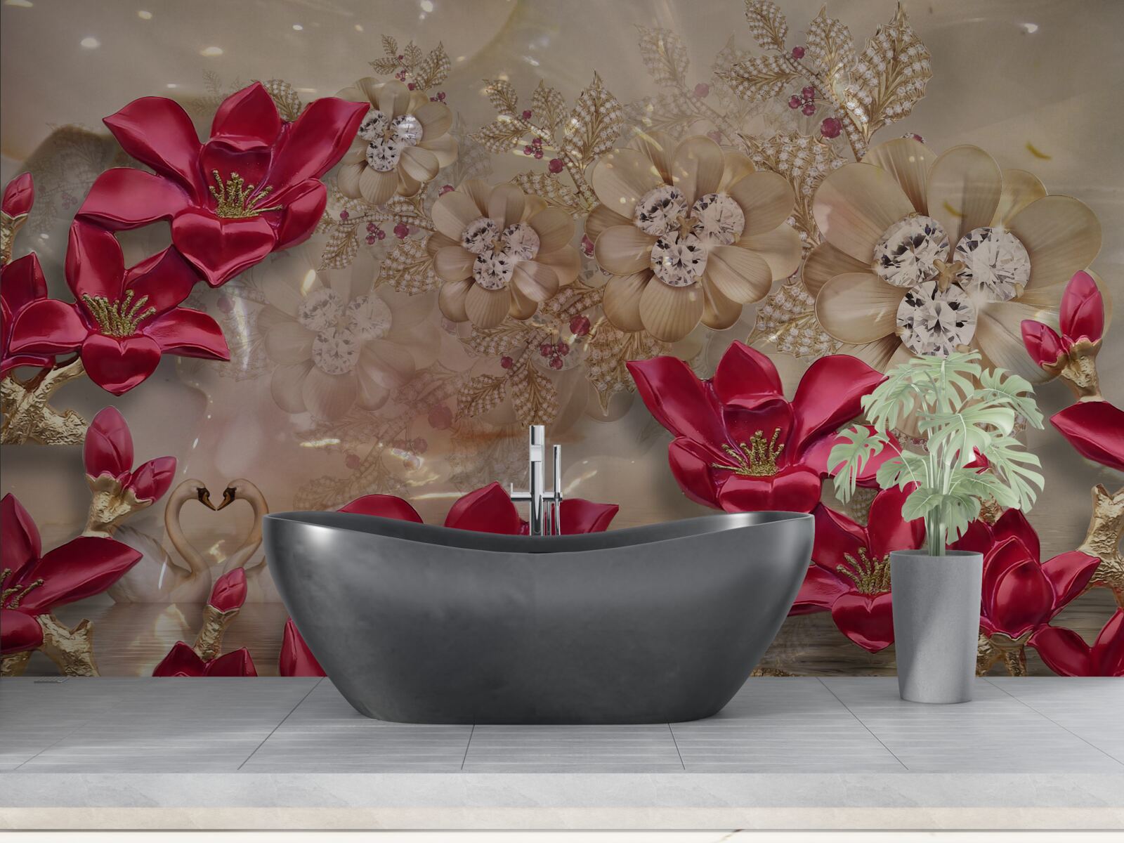 Fotobehang rode takken zijn versierd met goud en parels