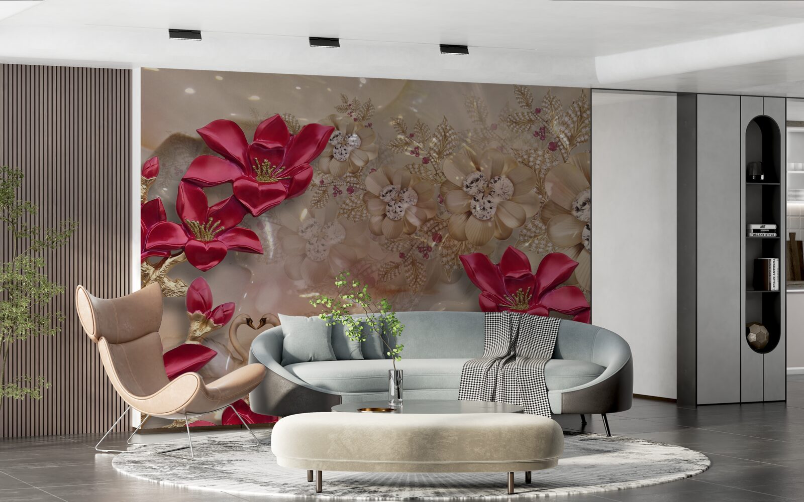 Fotobehang rode takken zijn versierd met goud en parels