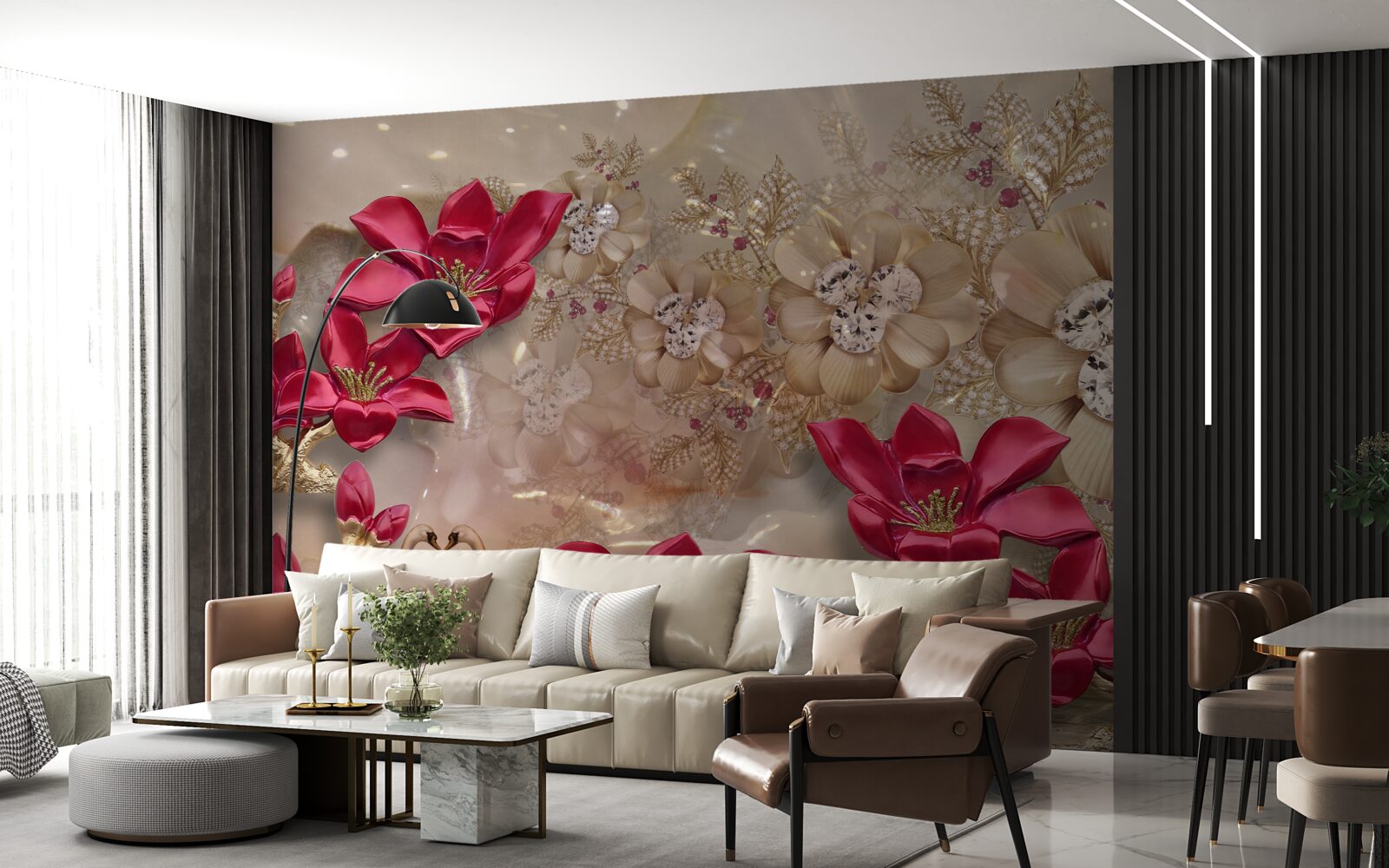 Fotobehang rode takken zijn versierd met goud en parels