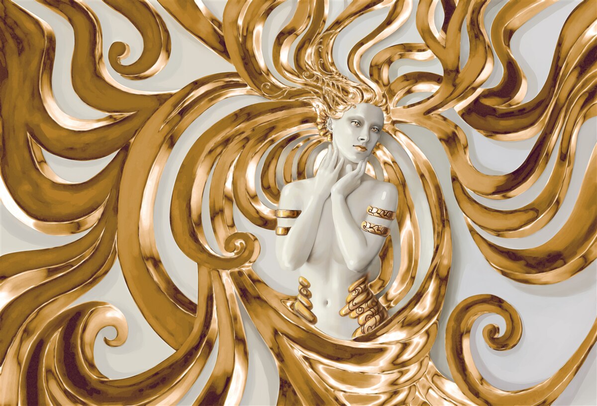 Fotobehang gouden lijnen en de omtrek van een meisje