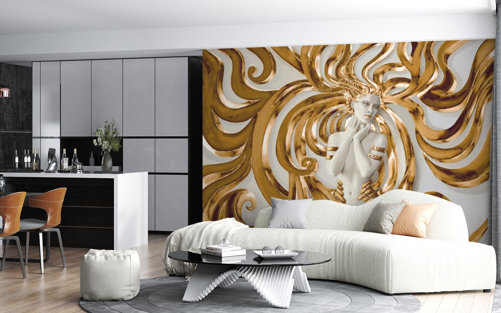 Fotobehang gouden lijnen en de omtrek van een meisje