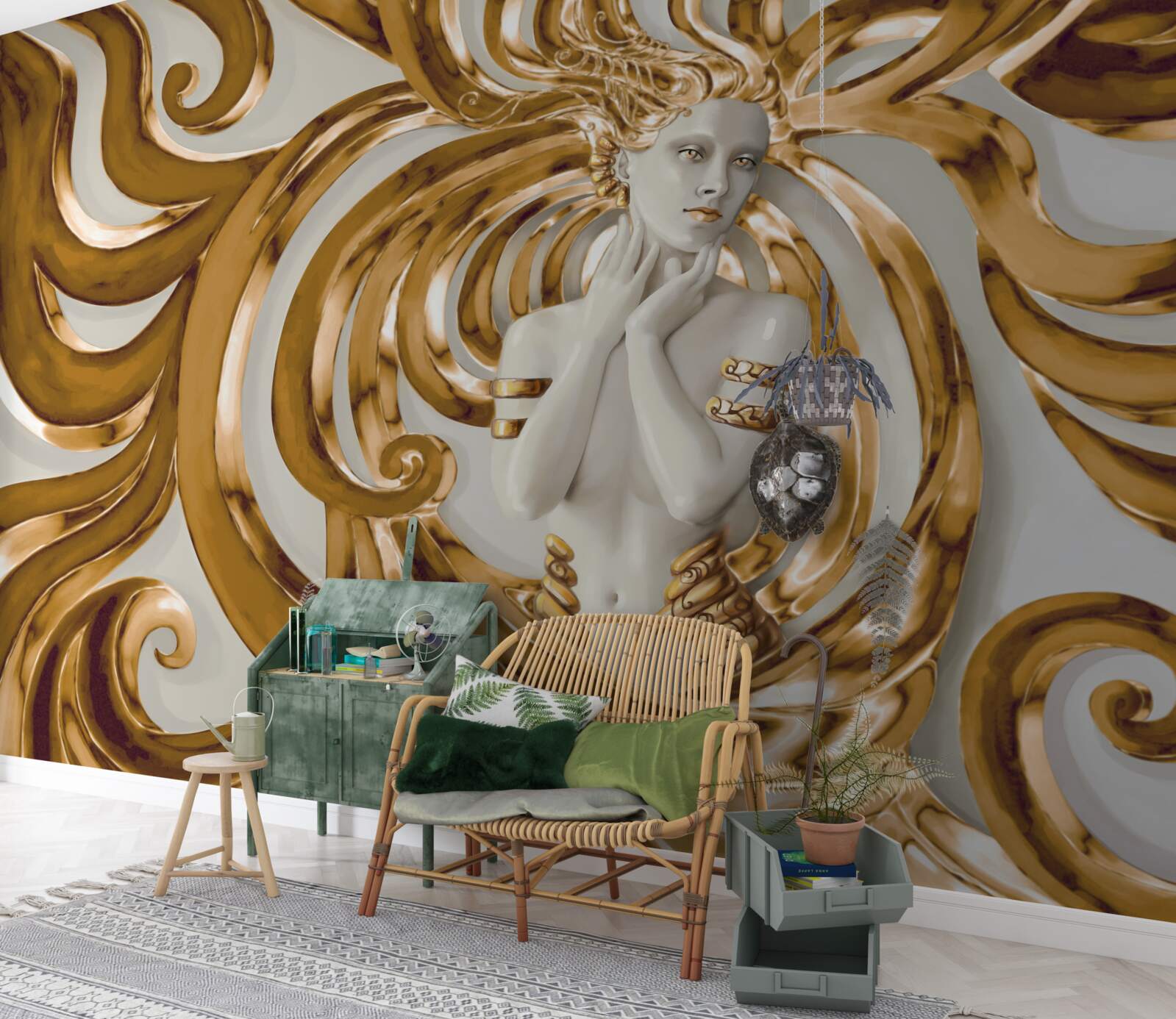 Fotobehang gouden lijnen en de omtrek van een meisje