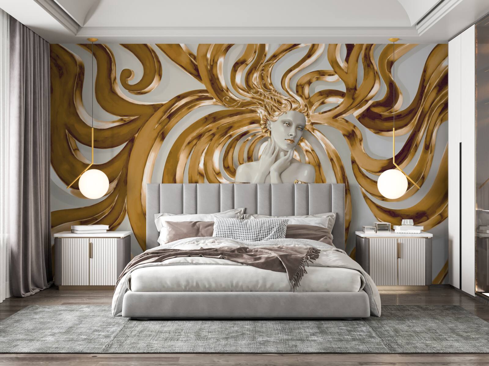 Fotobehang gouden lijnen en de omtrek van een meisje