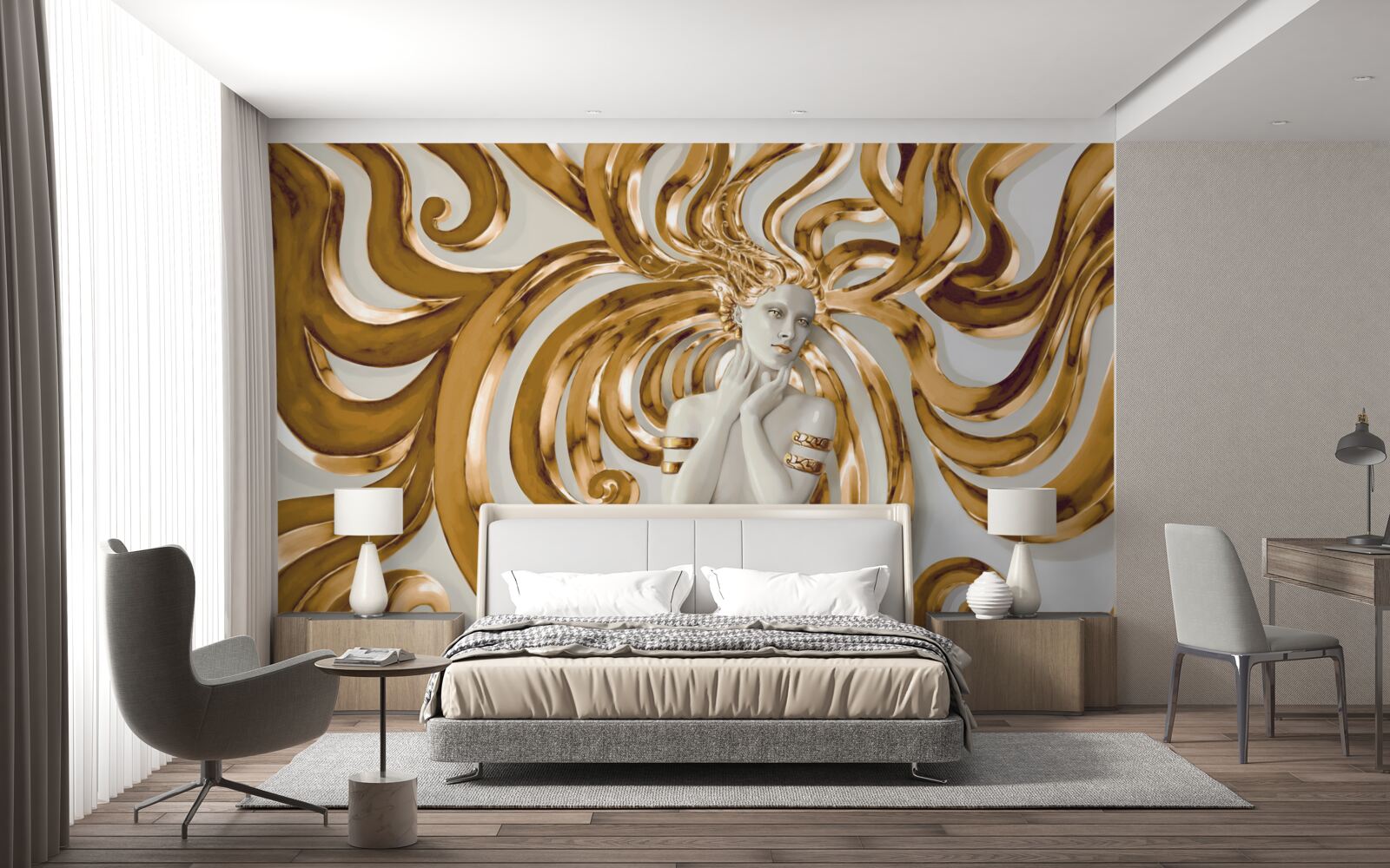 Fotobehang gouden lijnen en de omtrek van een meisje